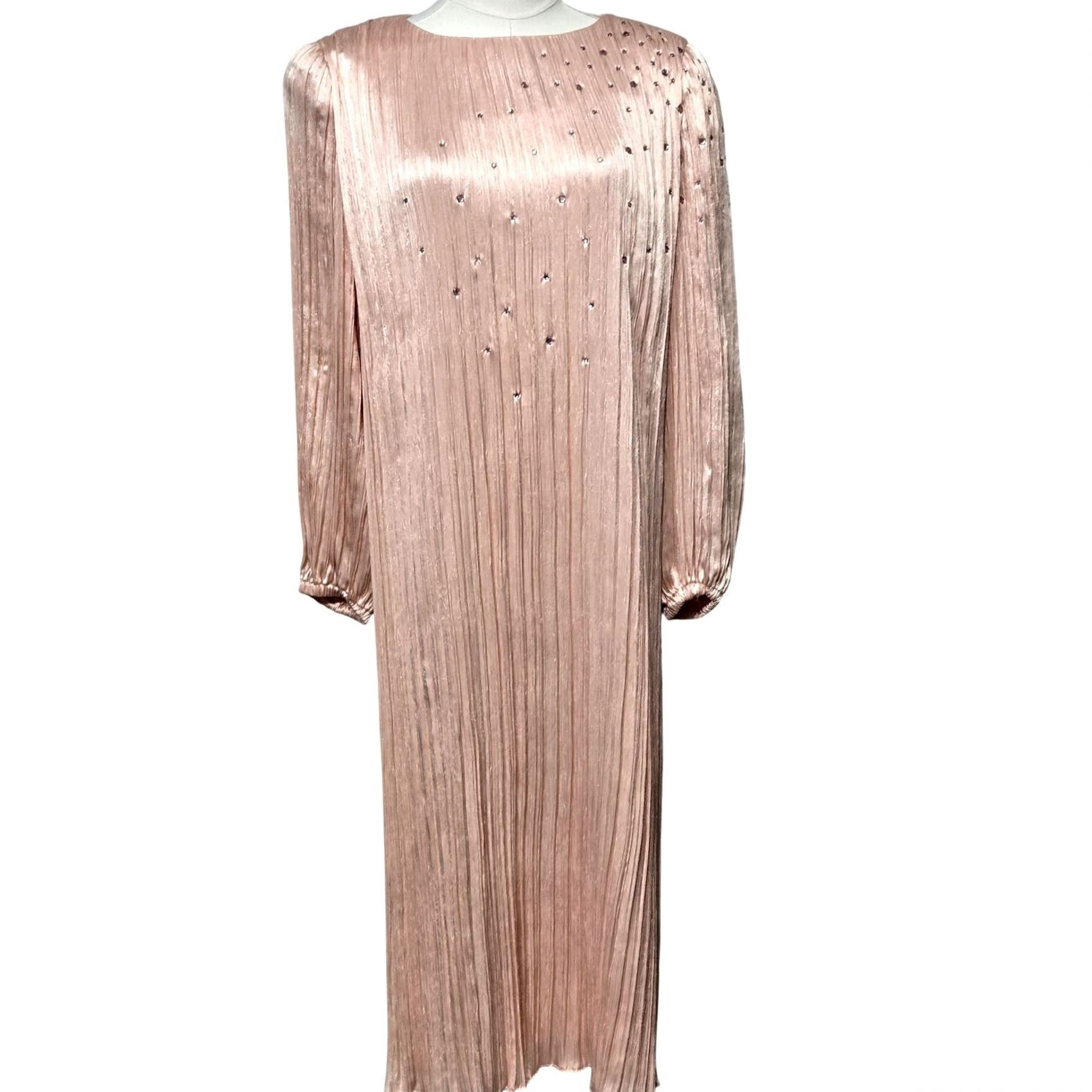 Vintage VINTAGE Morton Myles Dress Womens 6 Pink Pleated Satin Midi Shift Rhinestone 80s Size M / US 6-8 / IT 42-44 - 2 Thumbnail