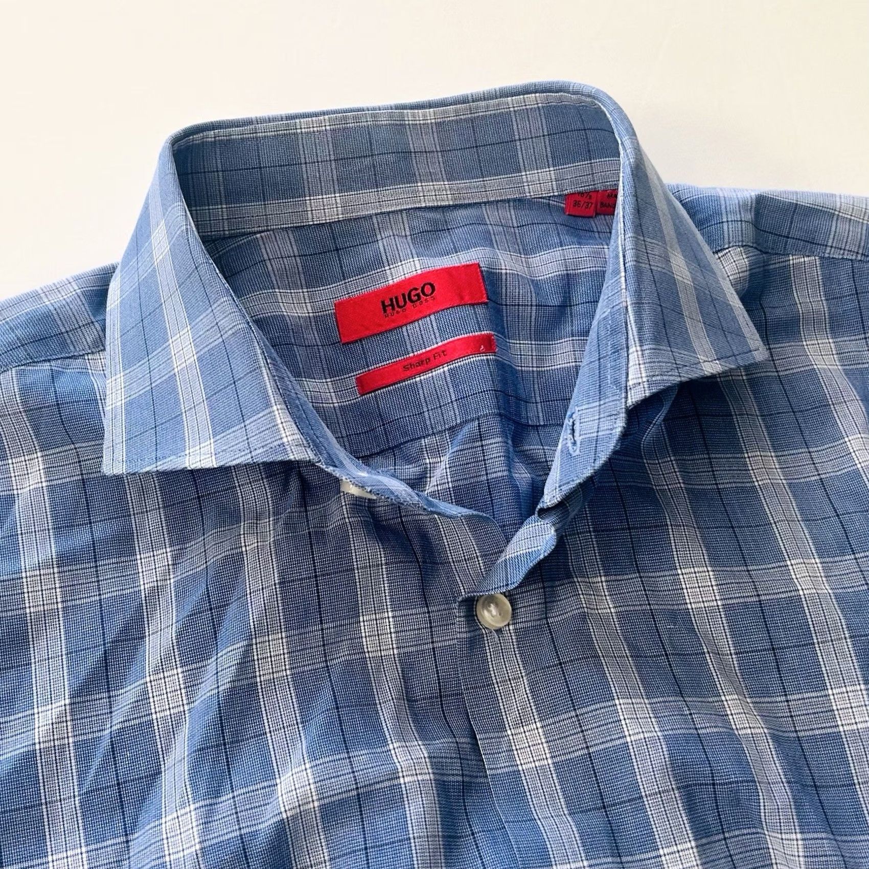 Hugo Boss HUGO BOSS Dress Shirt Blue White Plaid 16.5 36/37 Sharp Fit 100% Cotton Formal Casual Mens Regular Slim Collar Spread Barrel Cuff Size 46R - 2 Thumbnail