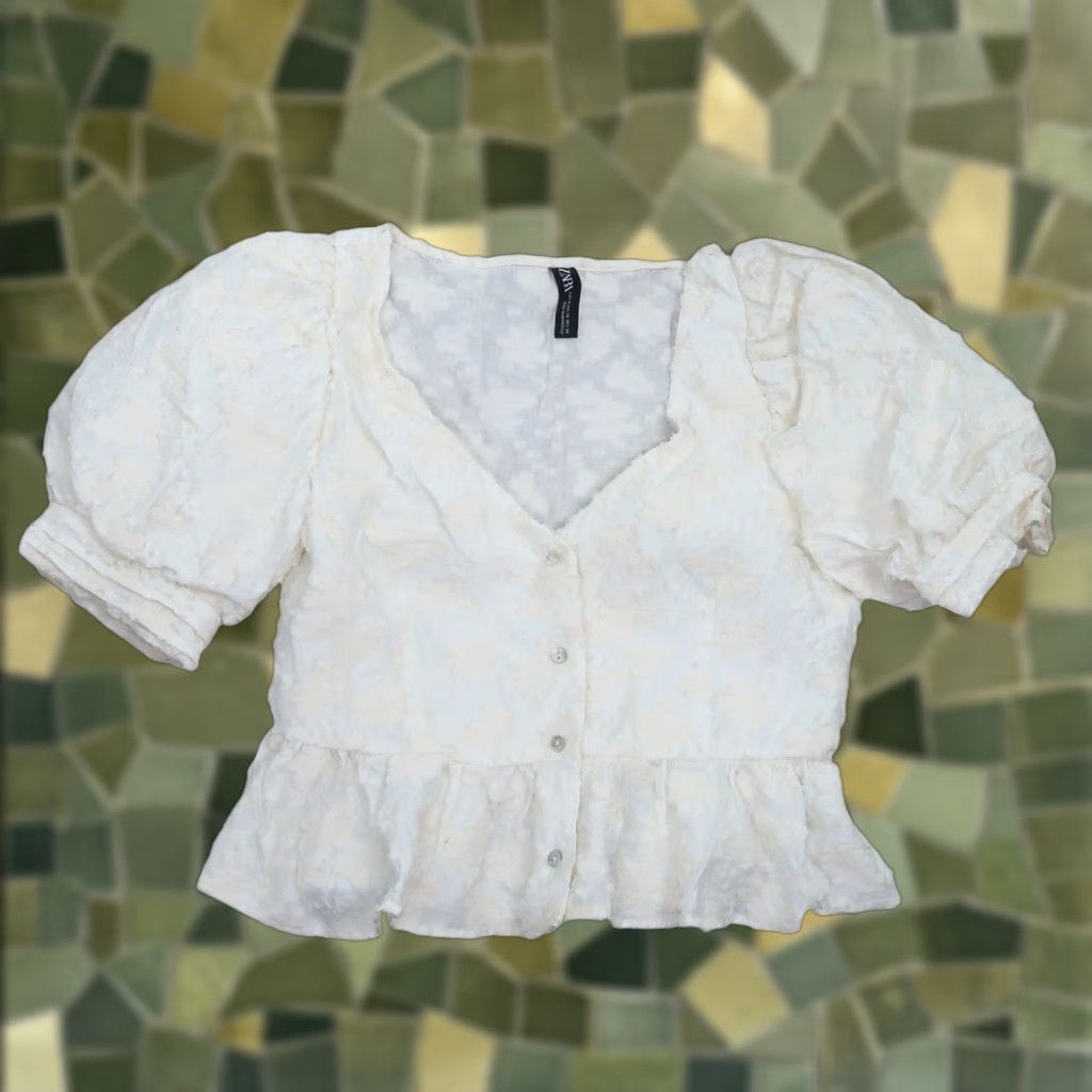 Zara VINTAGE ZARA cream floral textured peplum blouse top XS Size XS / US 0-2 / IT 36-38 - 1 Thumbnail