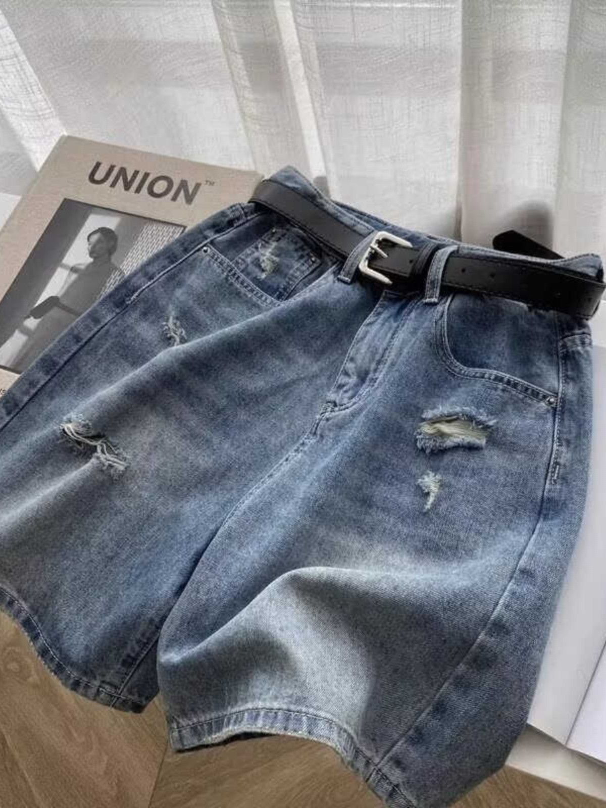 Japanese Brand × Jean Straight washed wide leg denim shorts with holes Size US 32 / EU 48 - 3 Thumbnail