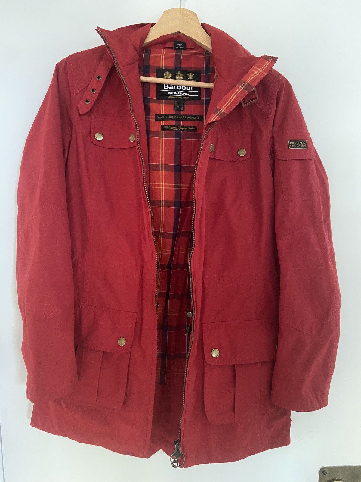 image of Barbour Risegate Parka Waterproof Hooded Tartan Lined Coat in Red, Women's (Size Small)