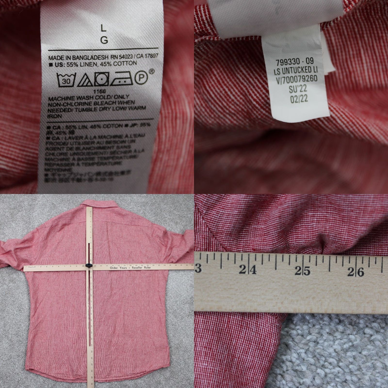 Banana Republic Banana Republic Shirt Adult Large Red Button-Down Linen/Cotton Blend L/S Solid Casual, Workwear Mens Size US L / EU 52-54 / 3 - 8 Thumbnail