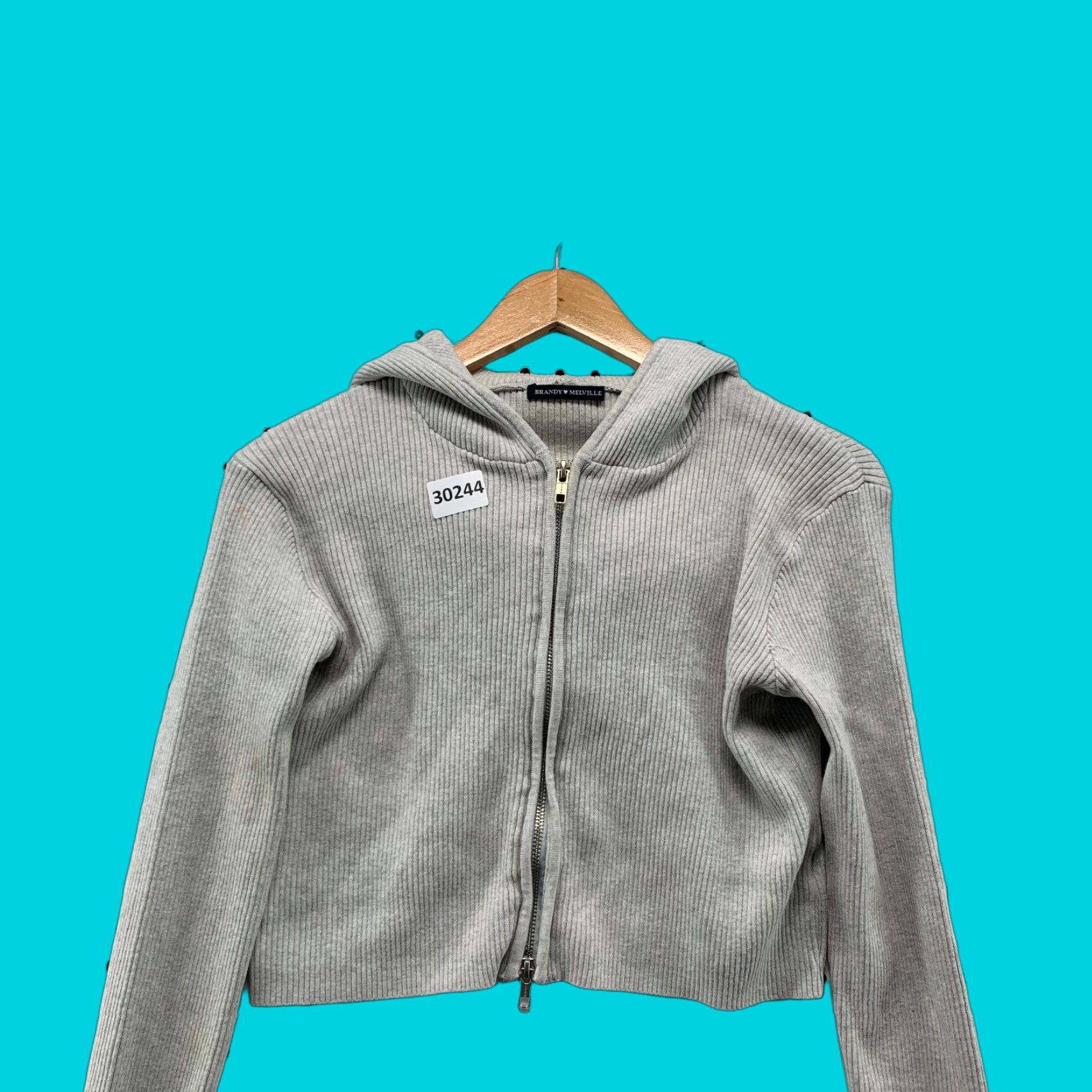 Brandy Melville Brandy Melville Hoodie Womens One Size Gray Rib Knit Crop Zip Hooded Size ONE SIZE - 1 Thumbnail