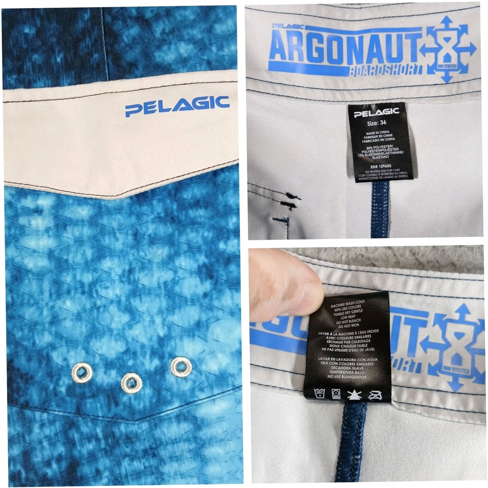 PELAGIC Argonaut Boardshorts Blue 36 Geometric Fish Scale