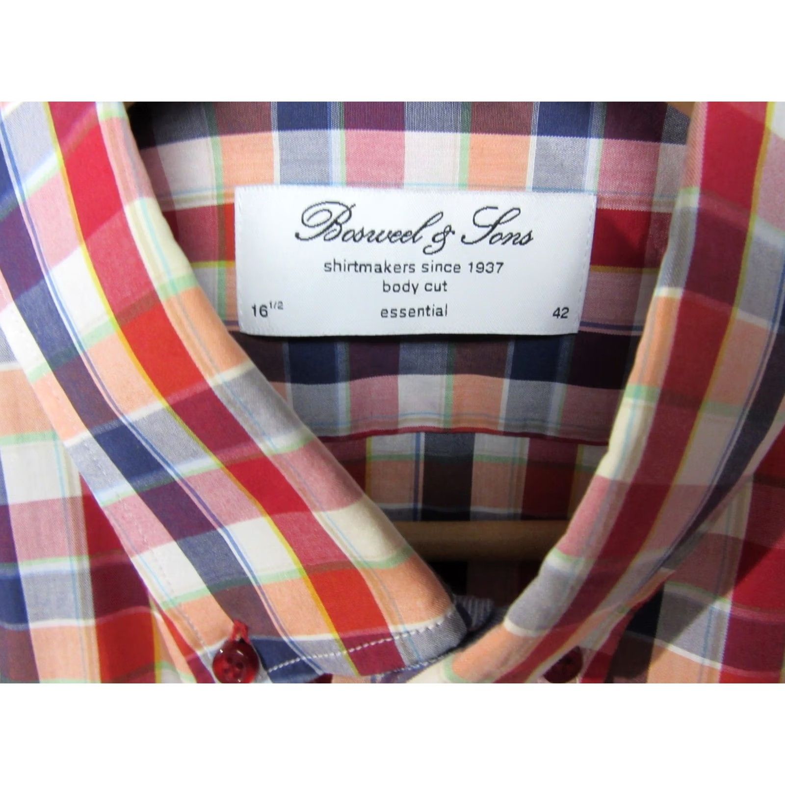 Essentials Boswell & Sons Shirt Mens 16.5 42 Red Blue Tartan Plaid Essential Flip Cuff Size US XL / EU 56 / 4 - 5 Thumbnail