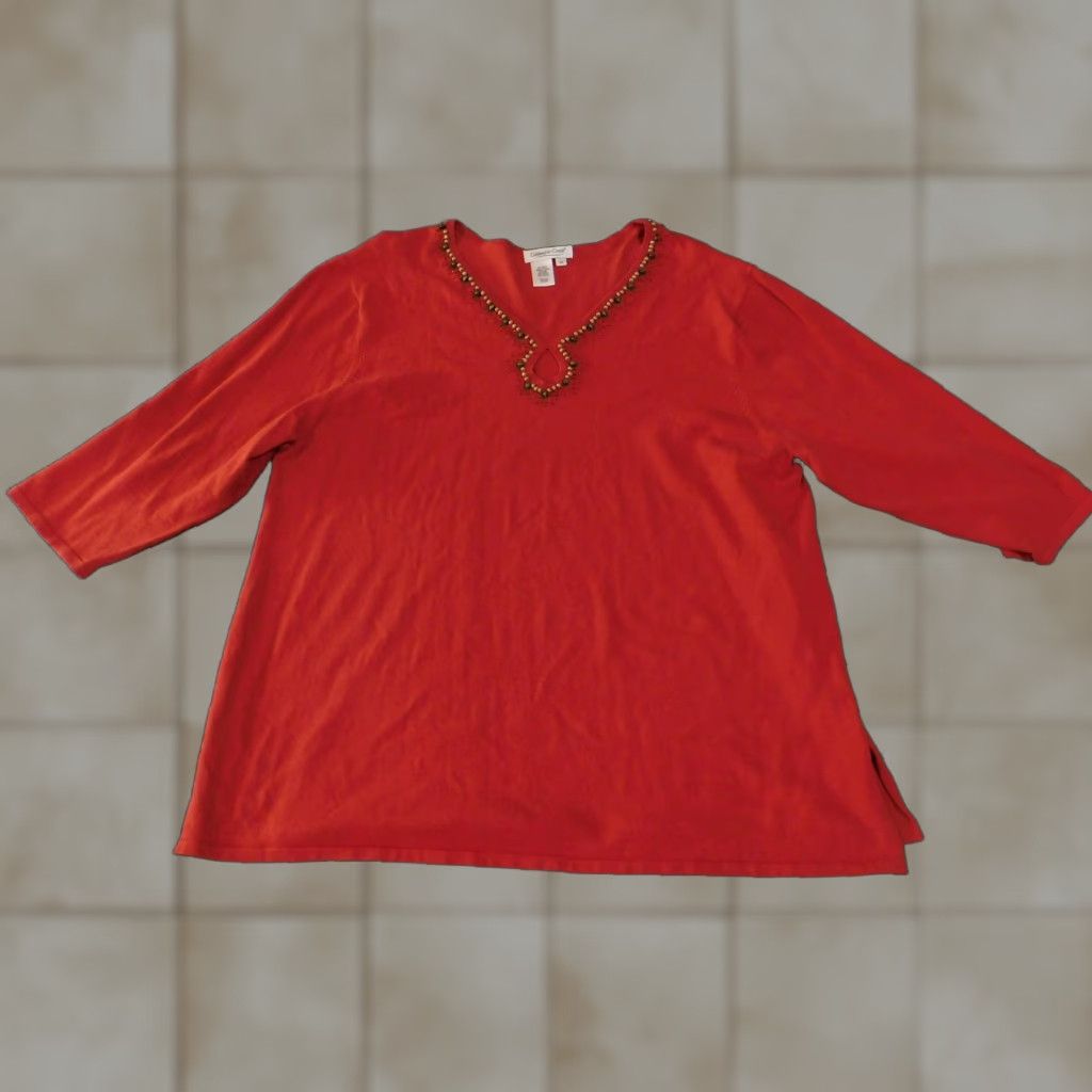 Coldwater Creek VINTAGE? No. Coldwater Creek Sweater Womens 3X Red Beaded Neck Silk Blend 3/4 Sleeve Pullover Size XXL / US 16-18 / IT 52-54 - 1 Thumbnail