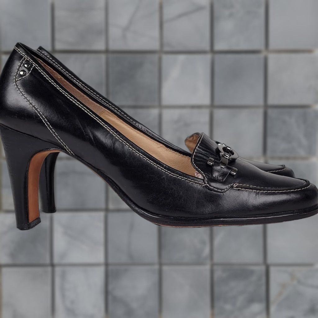 Vintage VINTAGE Circa Joan & David Black Leather CJ Gallager Loafer Heels Women 8.5 Med Heel Block Pumps Size US 11 / IT 41 - 1 Thumbnail