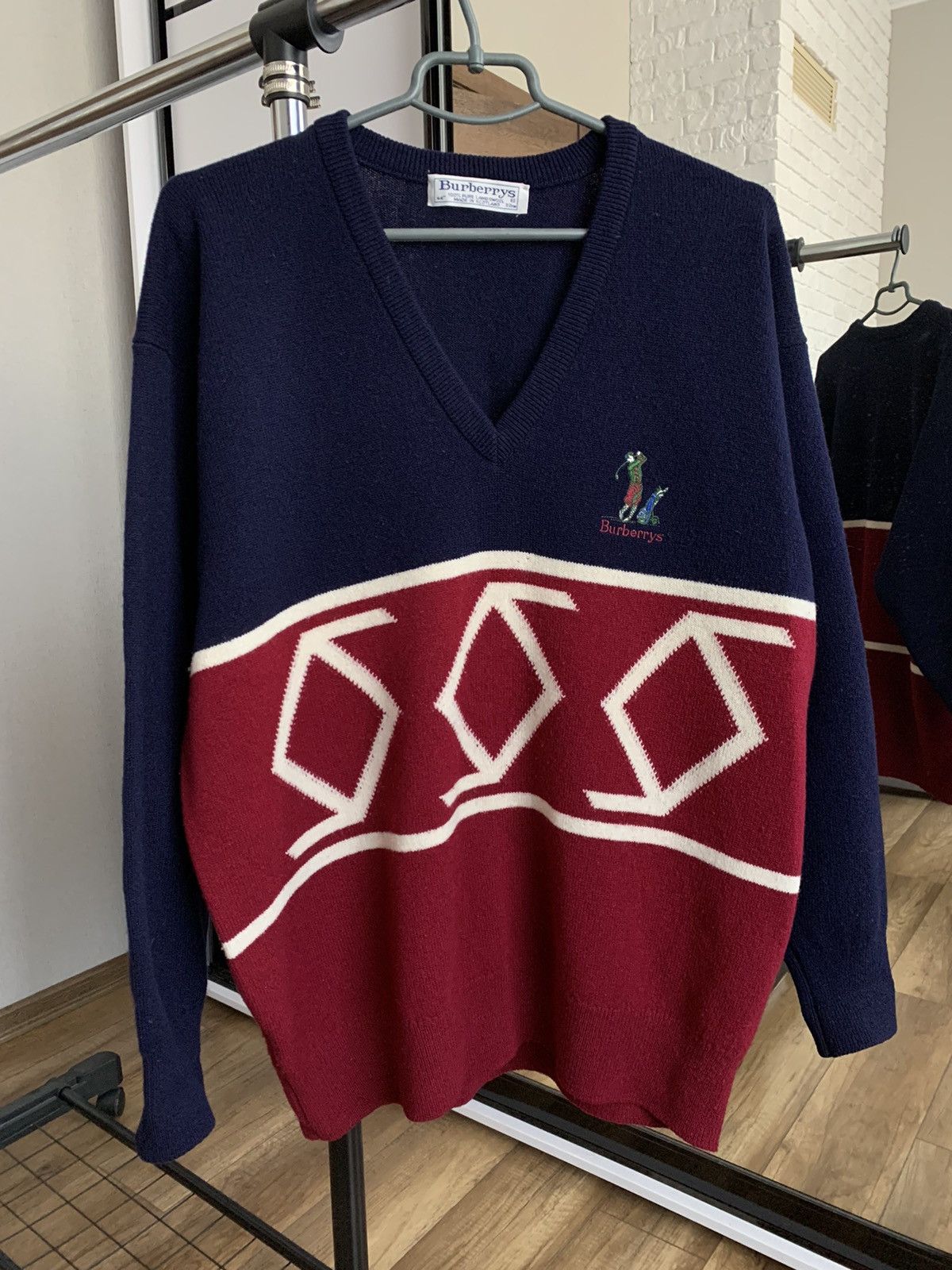 image of Burberrys Golf Vintage Wool Knit Sweater 90's England in Blue/Red, Men's (Size XL)