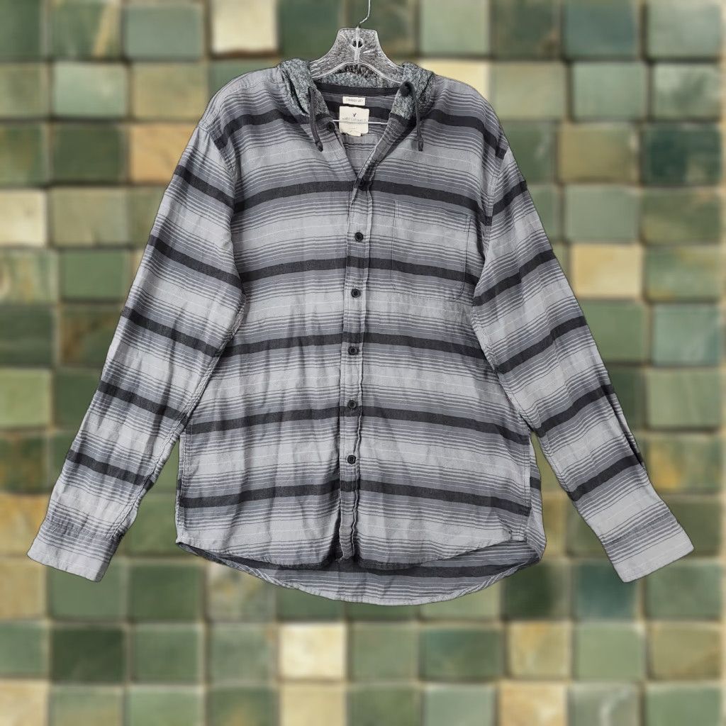 American Eagle Outfitters American Eagle Men’s Gray Striped Hooded Long Sleeve Button-Up Shirt Size L Size US L / EU 52-54 / 3 - 1 Thumbnail