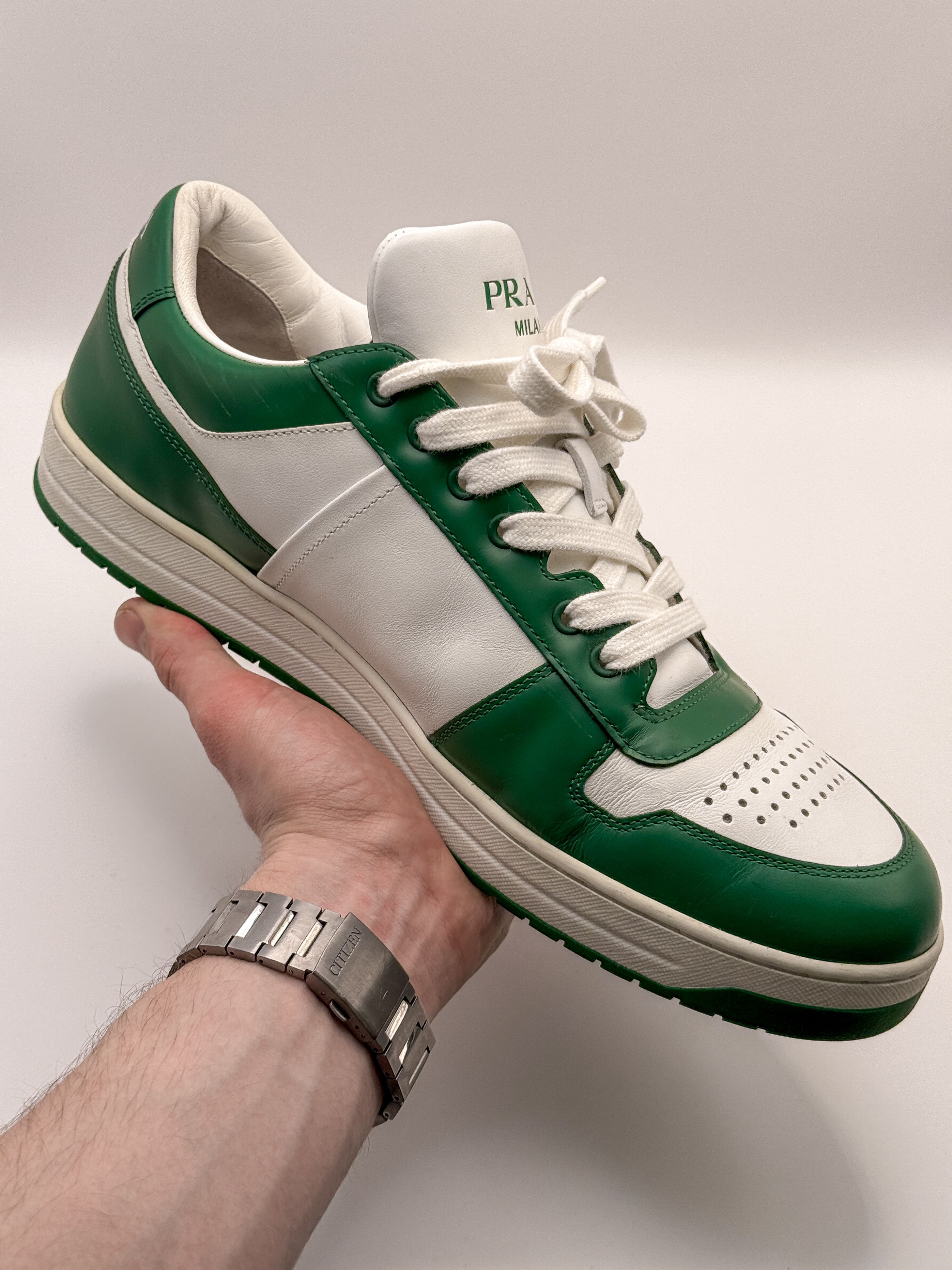 Prada Prada Downtown Sneakers Shoes White/Green Leather Size US 9 / EU 42 - 4 Thumbnail