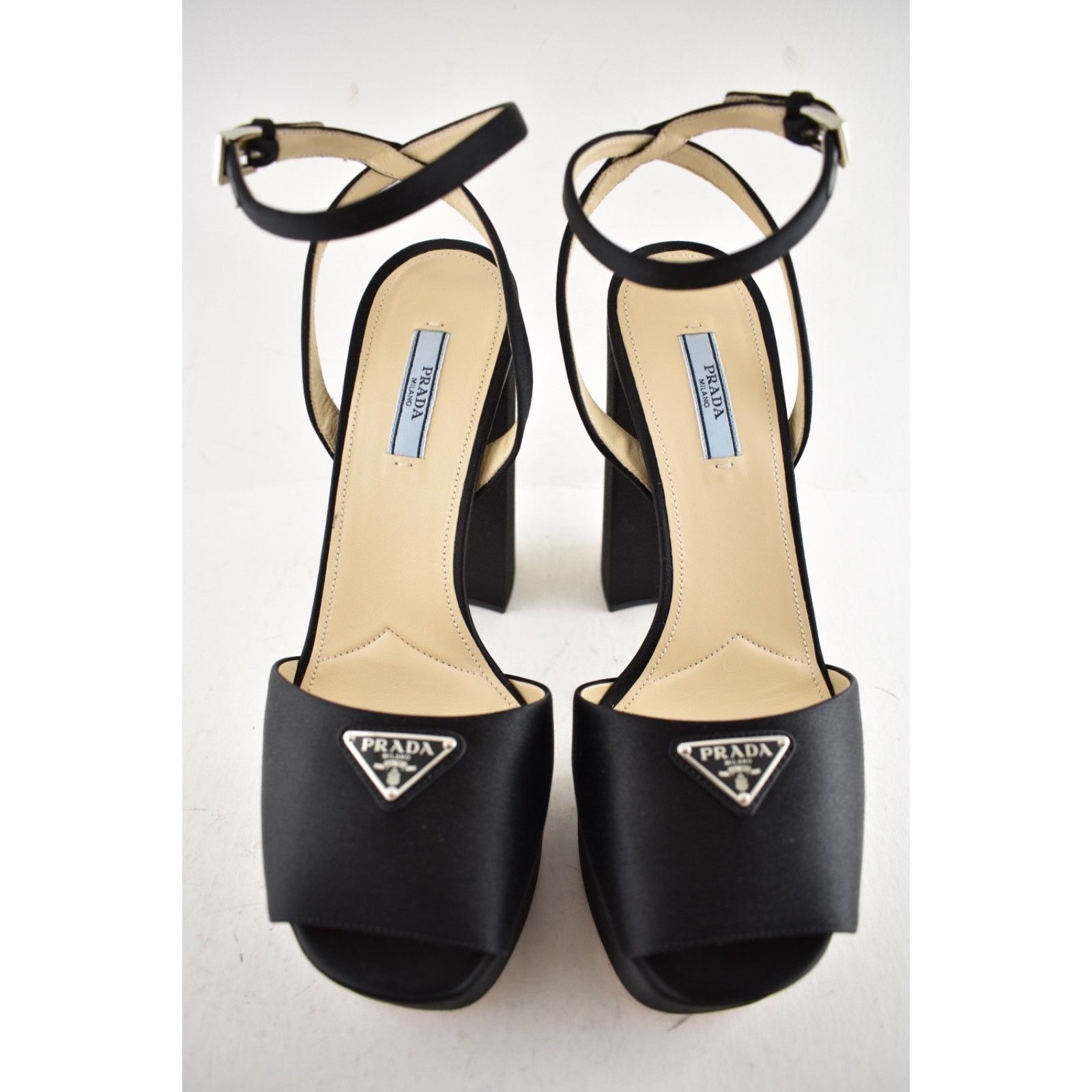 Prada Prada 135mm Black Satin Logo Platform Sandal Ankle Strap Size US 10 / IT 40 - 7 Thumbnail