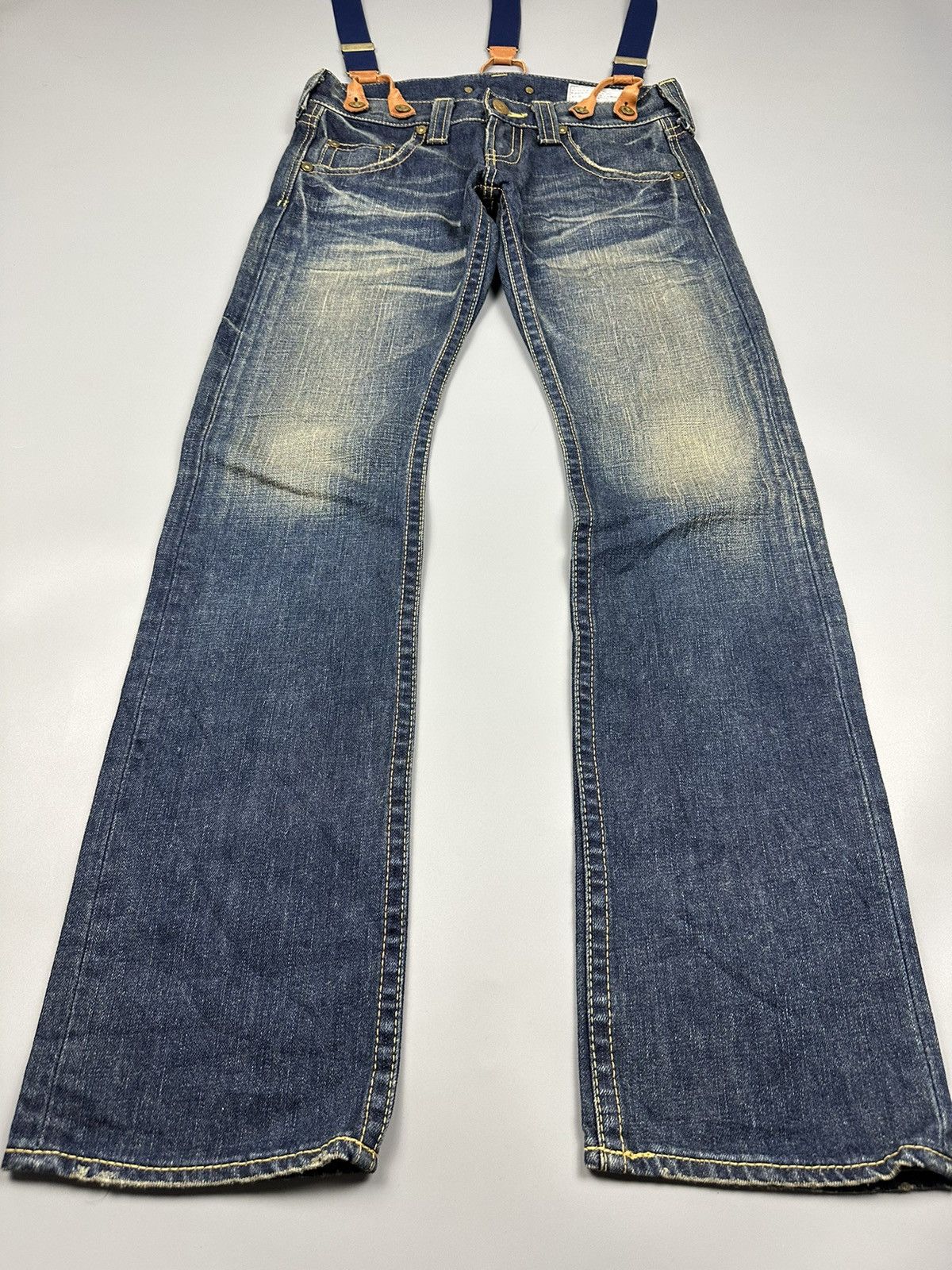 If Six Was Nine × Le Grande Bleu (L.G.B.) 🔥Flared🔥 SLY Glamour Jeans With Suspenders Leather Denim Size US 32 / EU 48 - 6 Thumbnail
