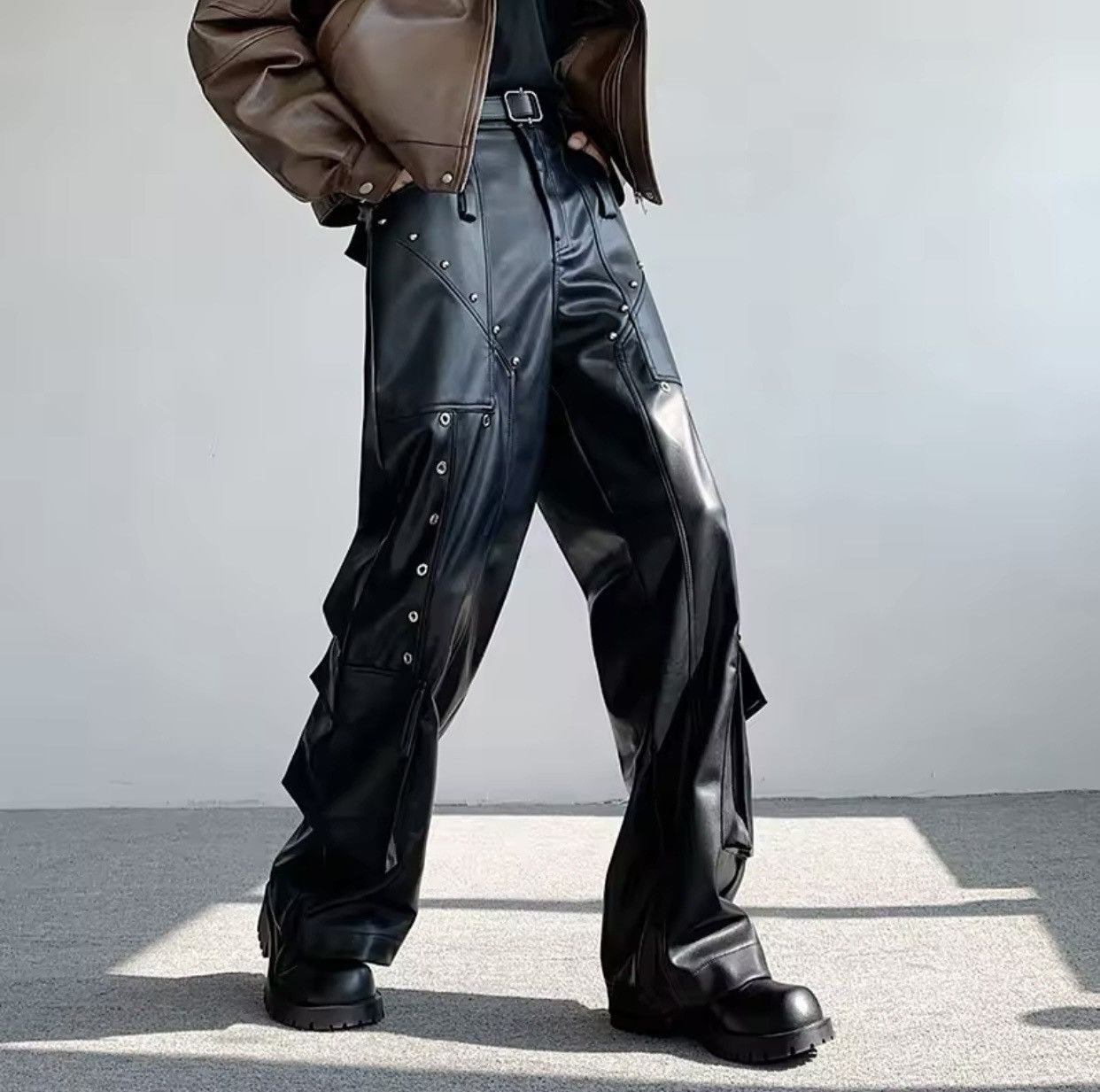 Japanese Brand × Vintage Leather Trousers Rivet Niche Design PU Casual Pants Size US 35 - 3 Thumbnail
