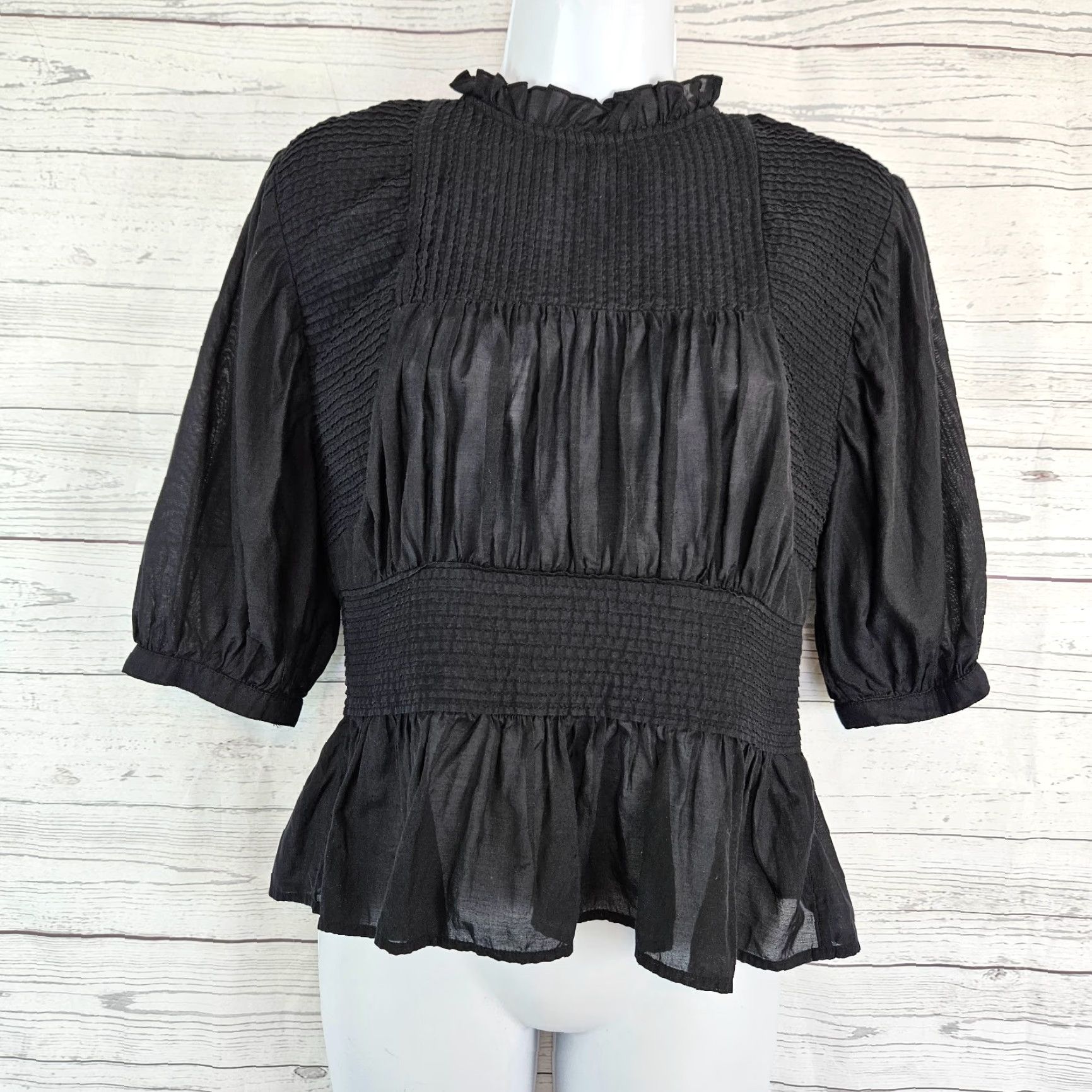 Vintage Something Navy WomensTop Sz Small Black 3/4 Sleeve Pintuck Cotton Blend Blouse Womens Size S / US 4 / IT 40 - 2 Thumbnail