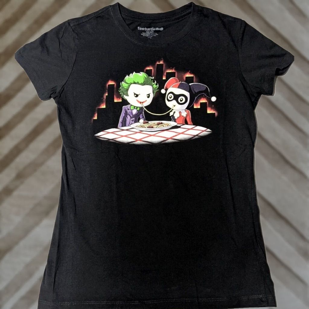 Vintage JOKER AND HARLEY QUINN Spaghetti Eating City Burning Women Large Black T-Shirt Size L / US 10 / IT 46 - 1 Thumbnail