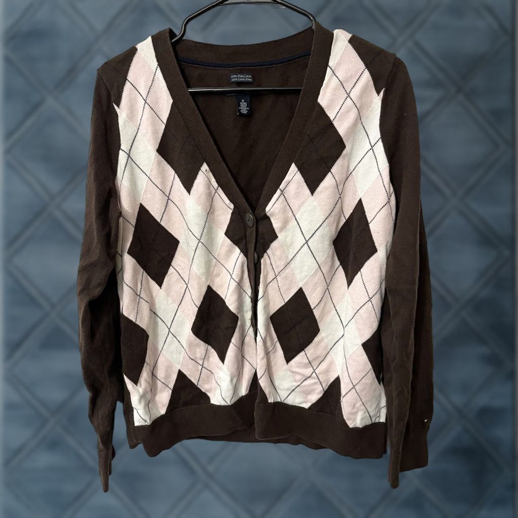Tommy Hilfiger VINTAGE Tommy Hilfiger Cardigan Brown 100% Pima Cotton Diamond Print Women XL Size XL / US 12-14 / IT 48-50 - 1 Thumbnail