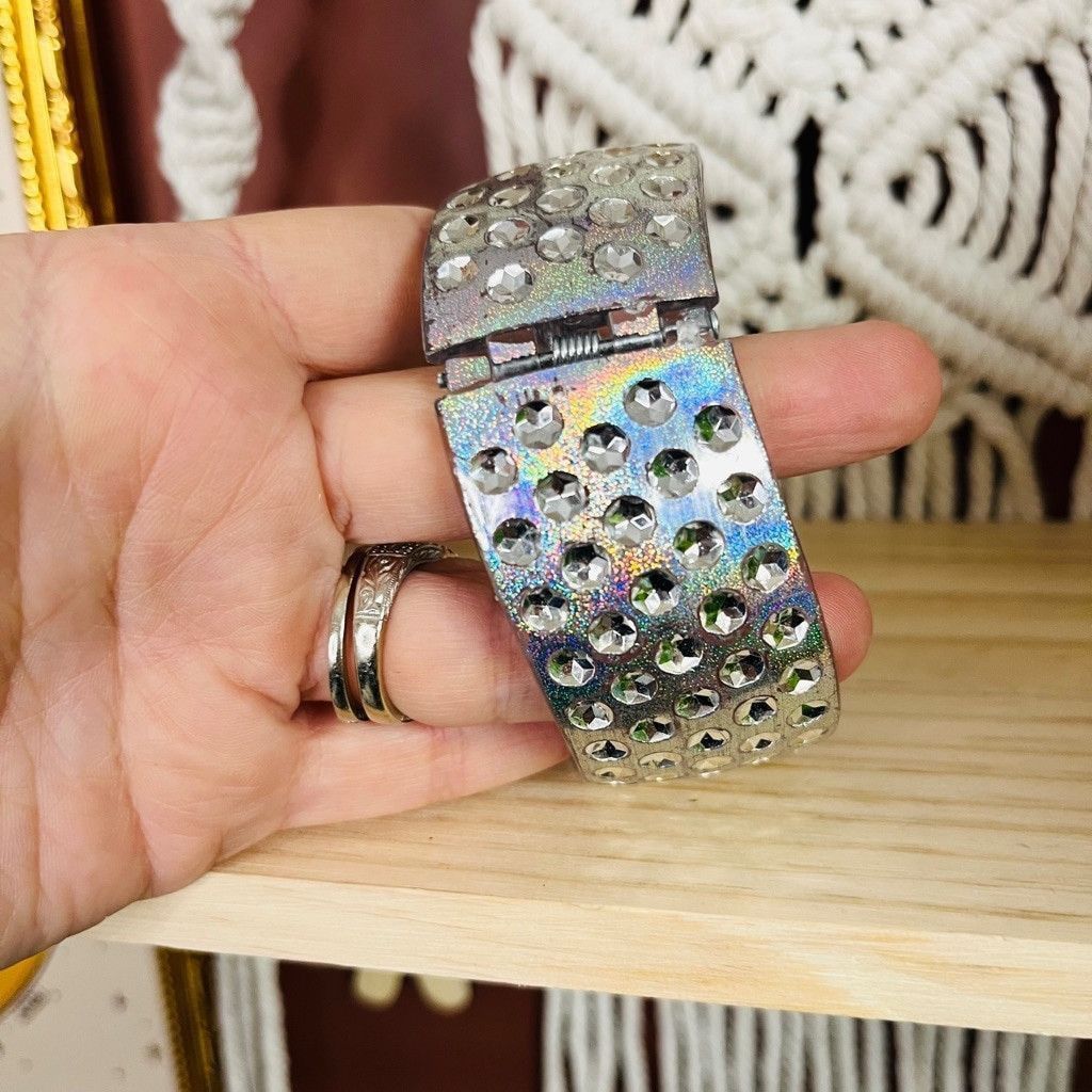 Jewelry Iridescent Acrylic Bangle Bracelet Hinged Design Silver Size ONE SIZE - 7 Thumbnail