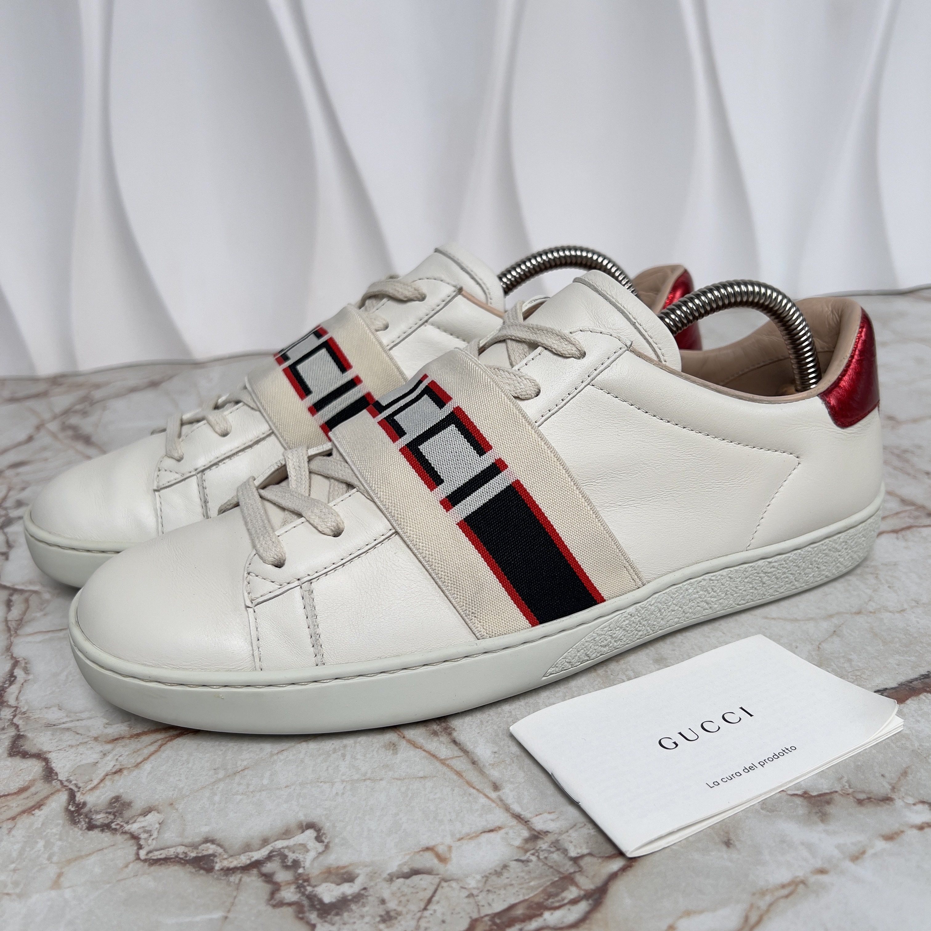 Gucci Authentic Ace Stripe Logo Sneaker Red Beige Leather Size US 8.5 / IT 38.5 - 1 Thumbnail