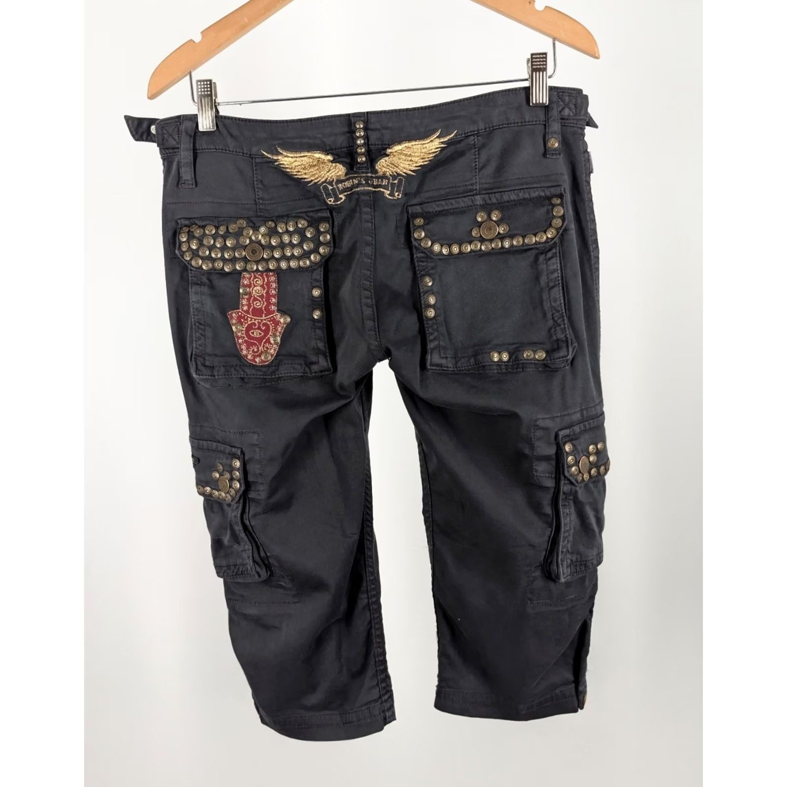 Vintage VINTAGE Robin’s Jean Cargo Capris 29 Women Black Studded USA Side Straps Military 32 Wrist Cuff Wings Embroidered 2000s Mens Women Girls Size 29" - 3 Thumbnail