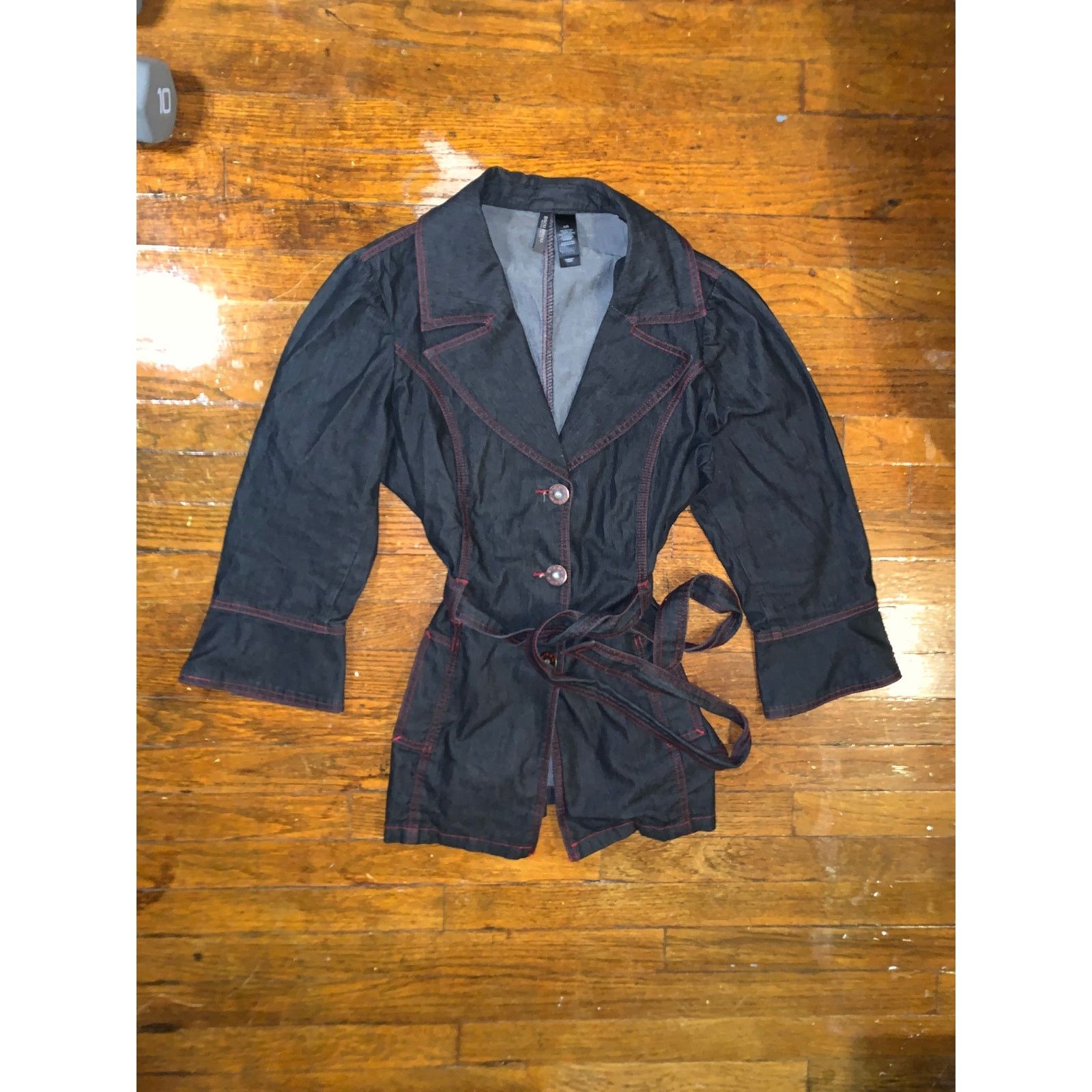 Other × Vintage Bisou Bisou Denim Jacket Belted Dark Wash Red Stitch L Y2K Size L / US 10 / IT 46 - 3 Thumbnail