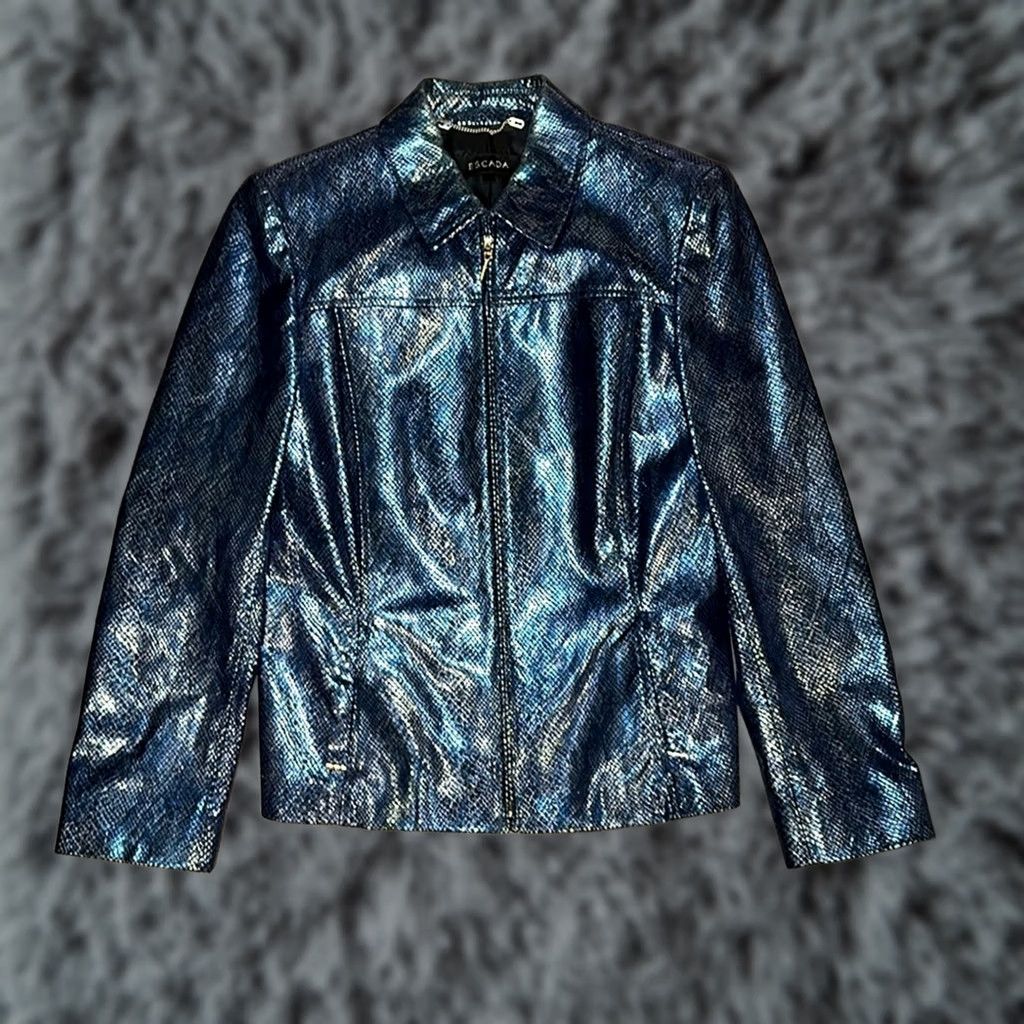 Escada ESCADA Bomber Jacket Leather Blue Snakeskin Pig Suede Metallic 8 Womens Size M / US 6-8 / IT 42-44 - 1 Thumbnail