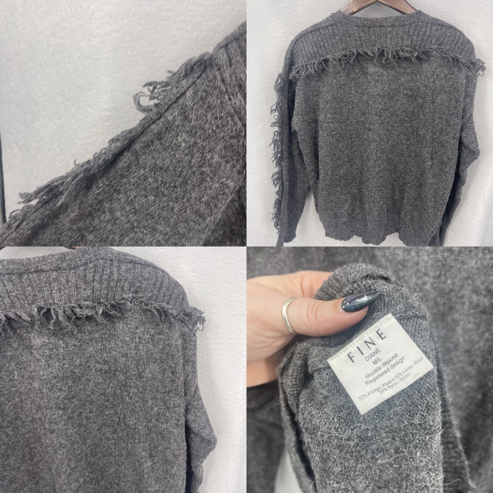 Vintage Fine Collection Sweater Womens L Angora Knit Fringe Boho Paris Gray Crew Neck Long Sleeve Pullover Bohemian 90s? Size L / US 10 / IT 46 - 8 Thumbnail