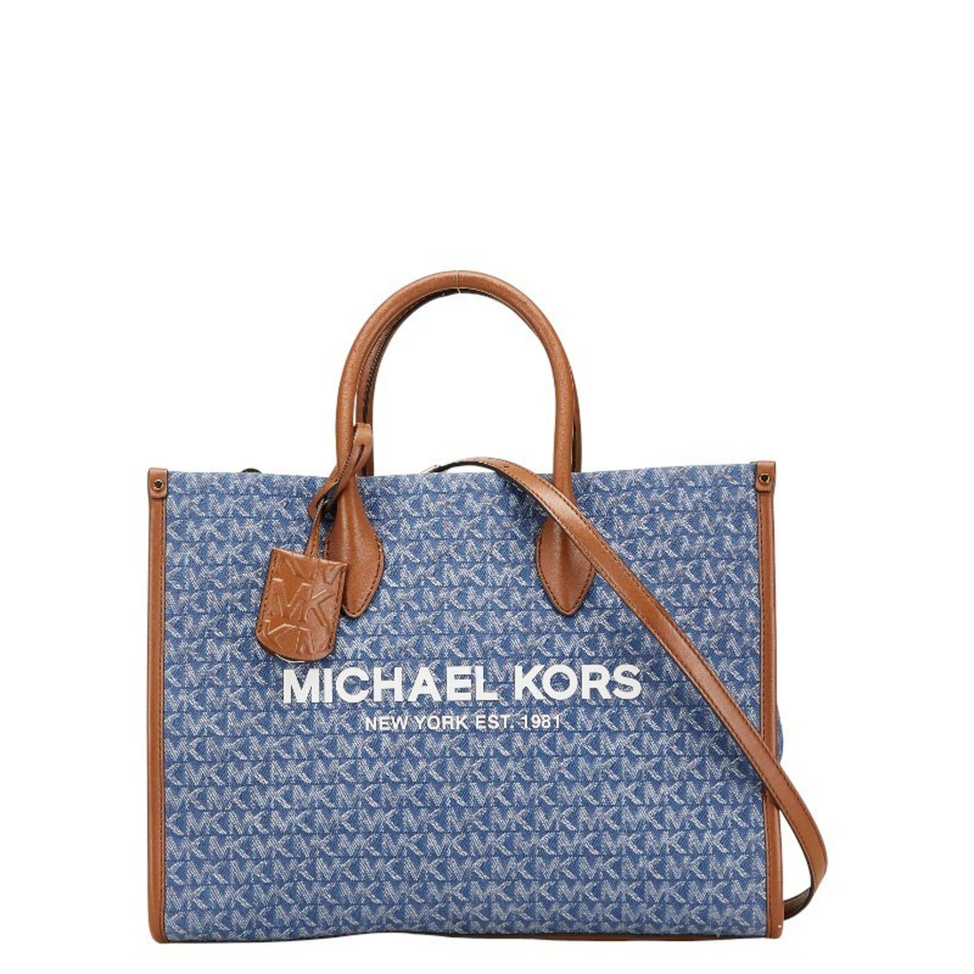 Michael Kors Michael Kors MK Signature Tote Bag/Shoulder Bag, 2-Way, Blue/Brown Canvas and Leather, Women's Size ONE SIZE - 1 Thumbnail