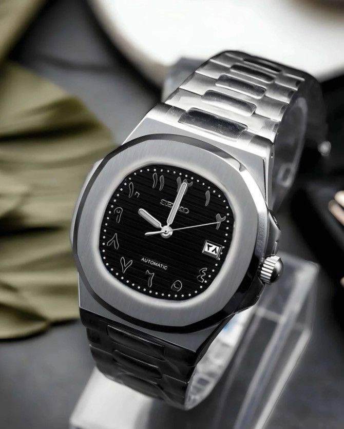 Japanese Brand Seiko Mod Nautilus Black Arabic Dial Steel Watch 41mm Size ONE SIZE - 3 Thumbnail