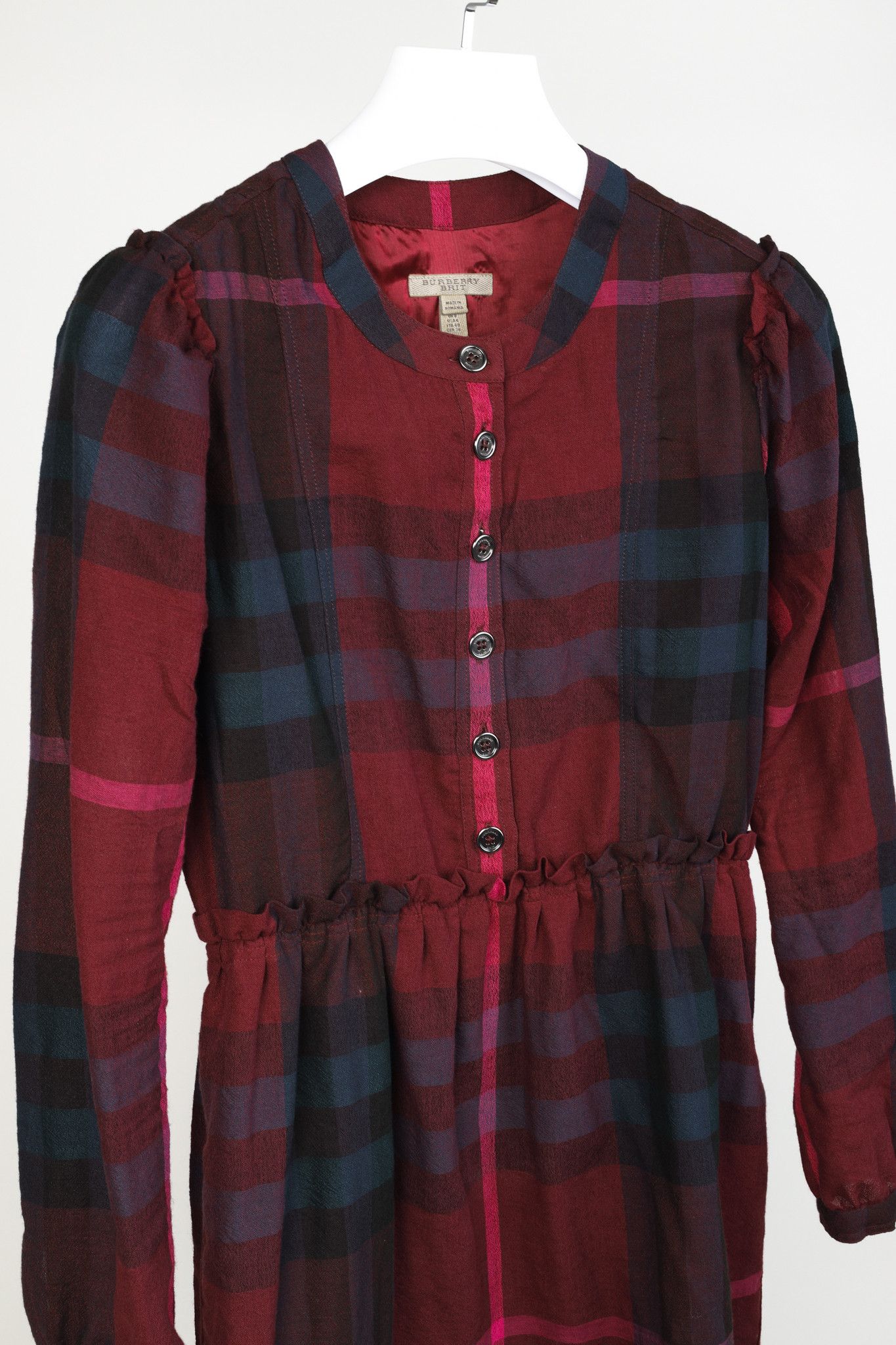 Burberry Burberry Brit Burgundy Check Ruffle-Trim Long-Sleeve Dress Size S / US 4 / IT 40 - 3 Thumbnail