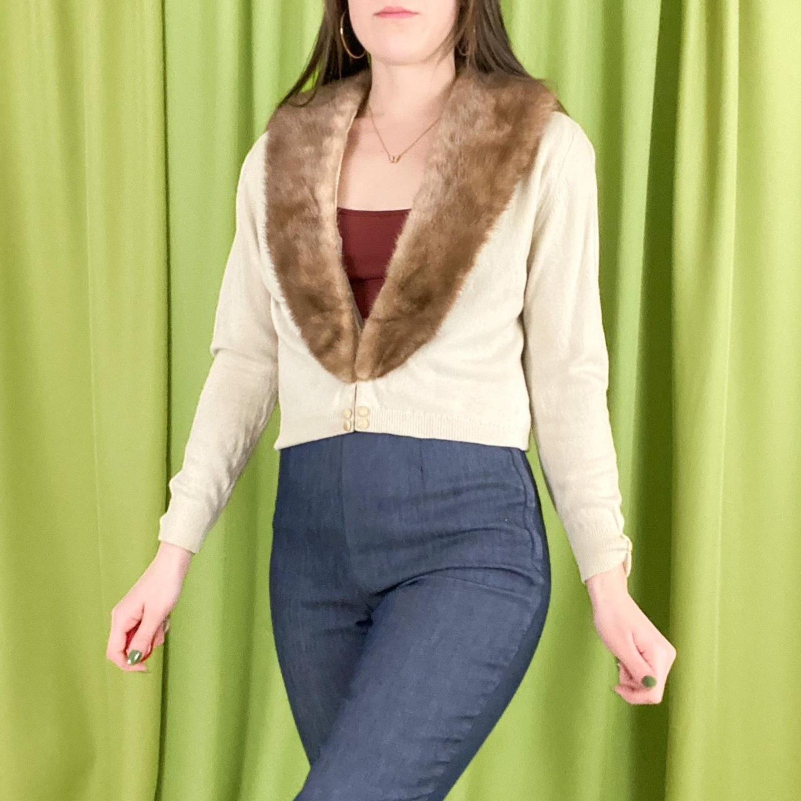 Vintage 60s Vintage Beige Brown Cashmere Cardigan Rabbit Fur Collar Size M / US 6-8 / IT 42-44 - 2 Thumbnail