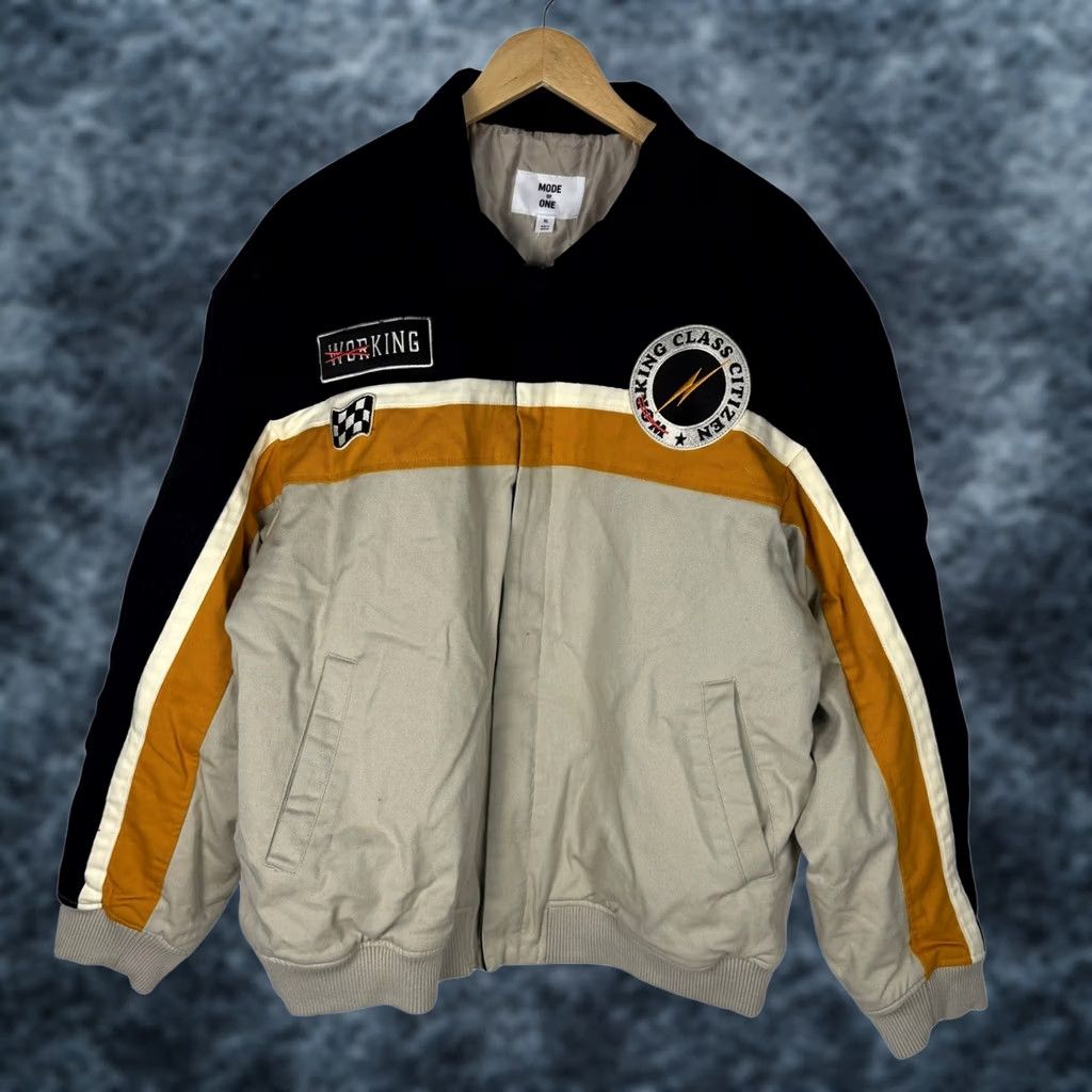 Vintage Mode of One Mens XL Racing Bomber Jacket Dark Ecru Black Tan NEW Size US XL / EU 56 / 4 - 1 Thumbnail