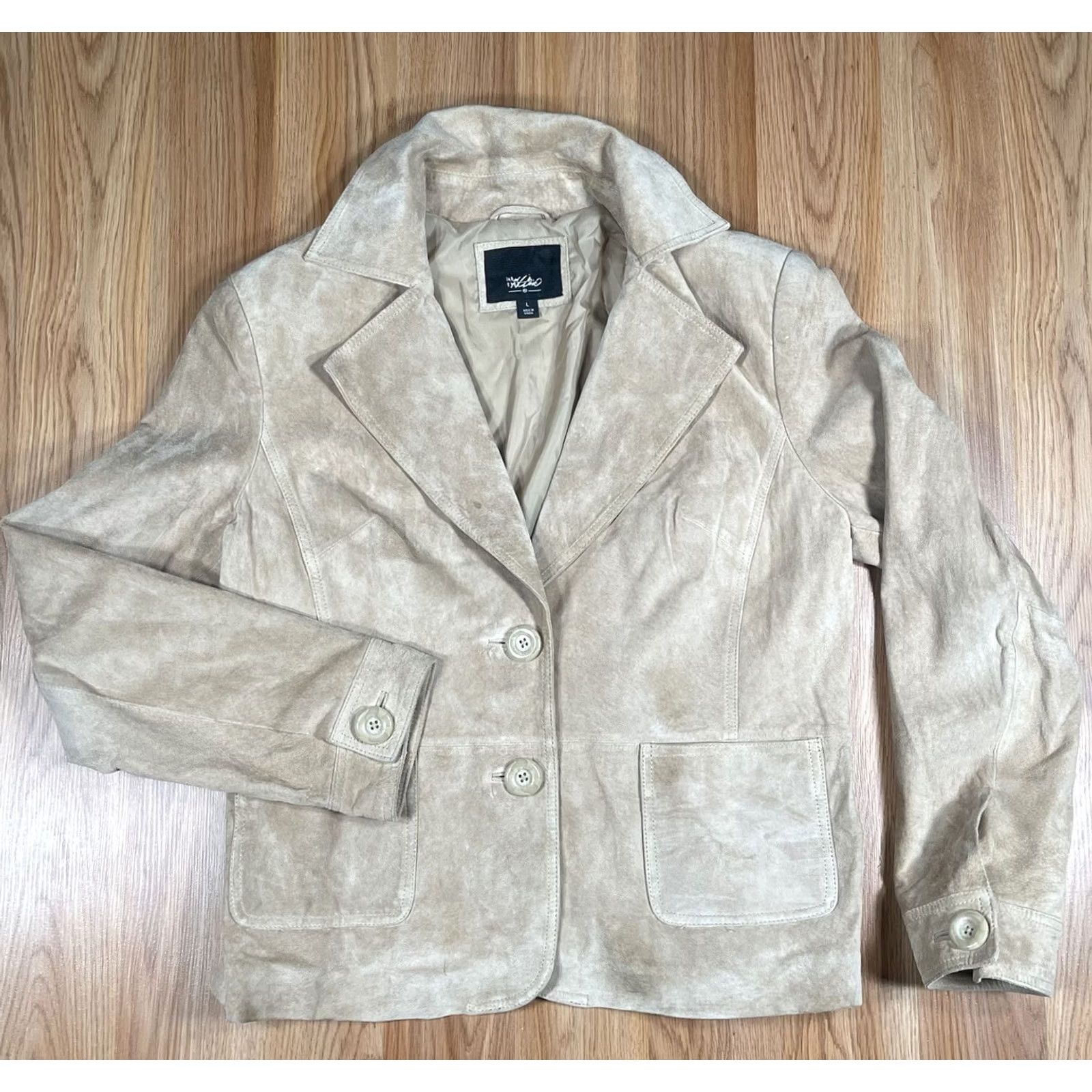 Mossimo VINTAGE Mossimo Blazer Jacket Womens L Beige Genuine Suede Leather Lined Shirt Size L / US 10 / IT 46 - 2 Thumbnail