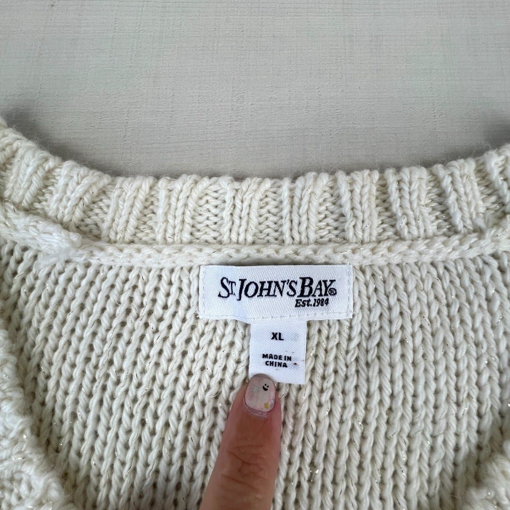 Vintage St Johns Bay Womens XL Extra Large Cream Pullover V Neck Wool Blend Cable Knit Sweater Size XL / US 12-14 / IT 48-50 - 3 Thumbnail