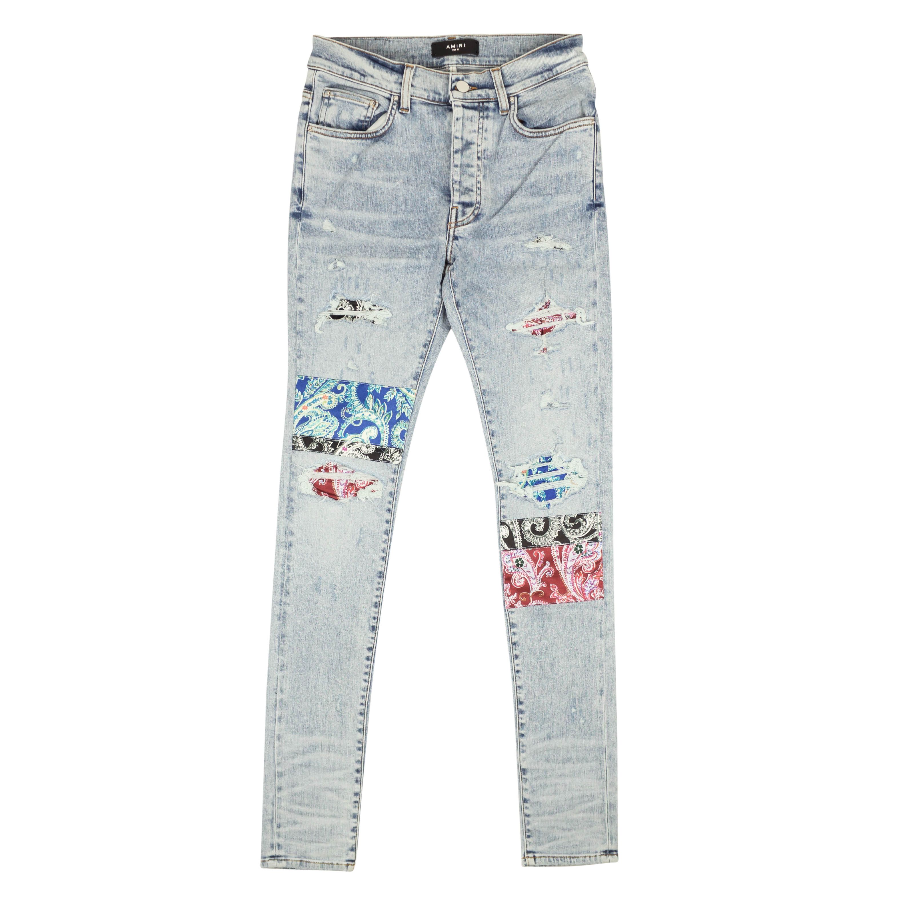 image of Amiri Blue Pajama Art Patch Skinny Jeans Size 32/42, Men's