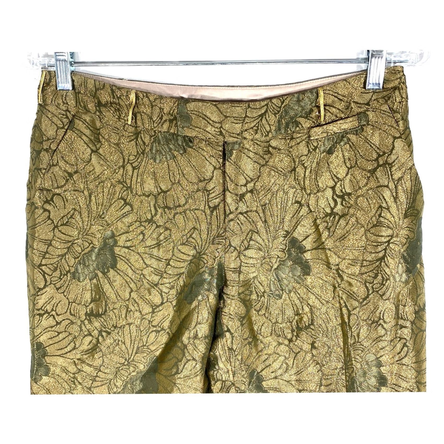 Anthropologie VINTAGE Elevenses Dress Pants 2 Metallic Trousers Gold Floral Boho Luxury Women Pants 29 in Gold Floral Bohemian Holiday 90s Mens Womens Boys Girls Size 26" / US 2 / IT 38 - 3 Thumbnail