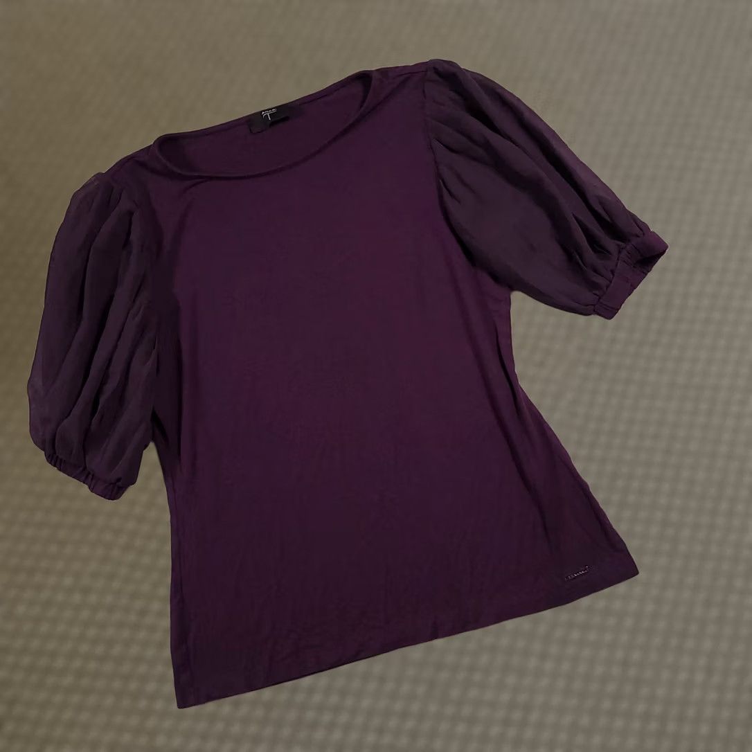 Vintage Tahari Shirt Women's XS Purple Short Balloon Sleeve Blouse Round Neck Stretch Shirt Size XS / US 0-2 / IT 36-38 - 1 Thumbnail