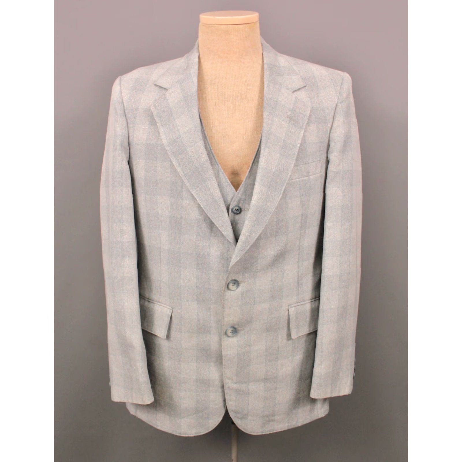 Vintage VINTAGE 70s Leisure Suit Mens Jacket Pants 3 PC Grey Polyester Plaid 1970s Disco Size M Size 40R - 3 Thumbnail