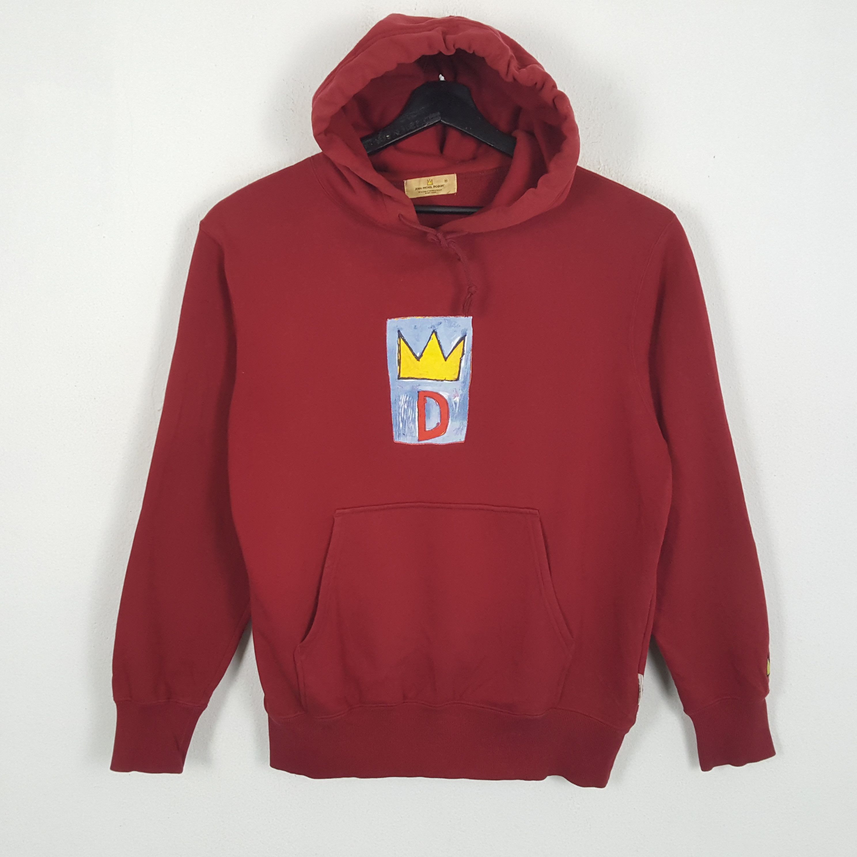 image of Jean Michel Basquiat Center Design Streetwear Style Hoodies in Maroon, Men's (Size Medium)
