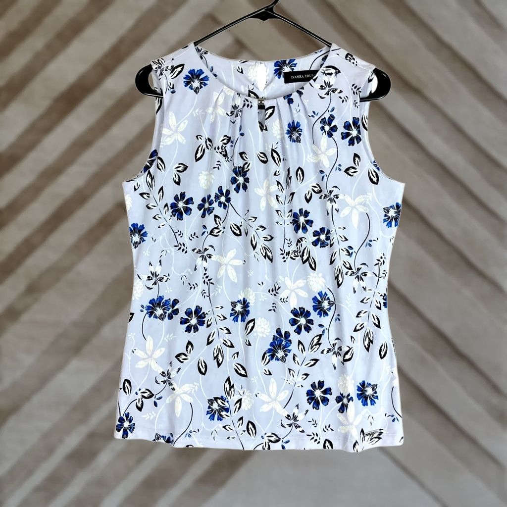Vintage Ivanka Trump Blouse Purple Multi Floral Pleated Front Sleeveless Stretch S Women Modern Workwear Casual Formal Party/Cocktail Size S / US 4 / IT 40 - 1 Thumbnail