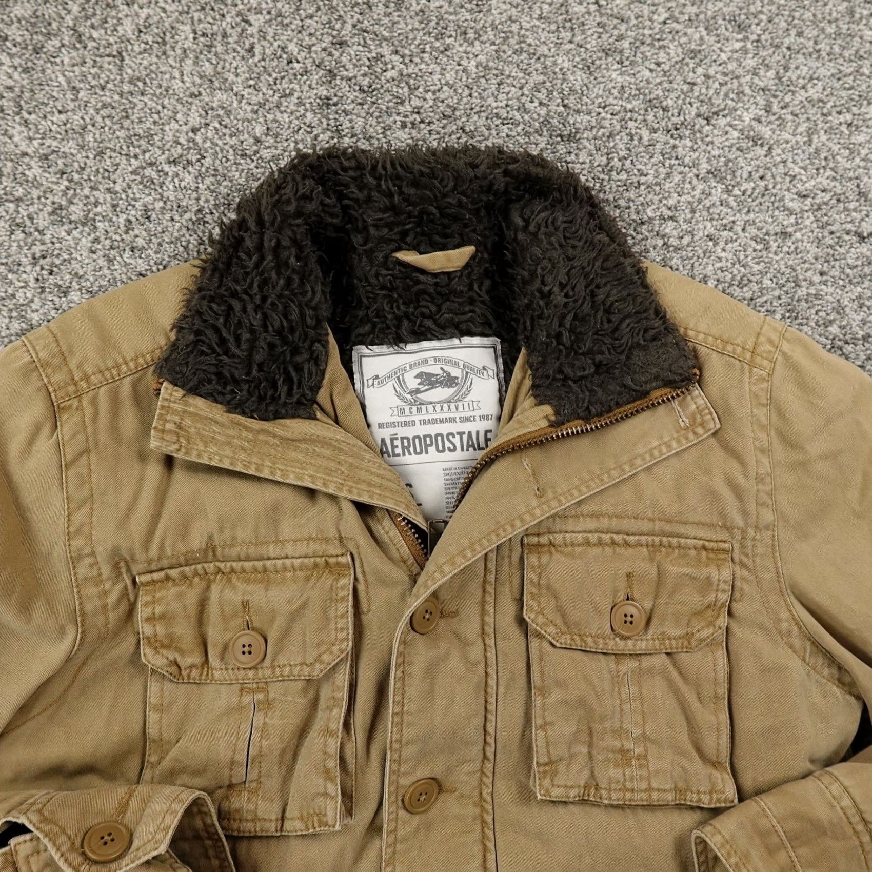 Vintage VTG Aéropostale Jacket Mens S Beige Cotton Chore Coat Lined Full Zip OG Logo Zipper Pockets Adventure Outdoor Workwear Size US S / EU 44-46 / 1 - 4 Thumbnail