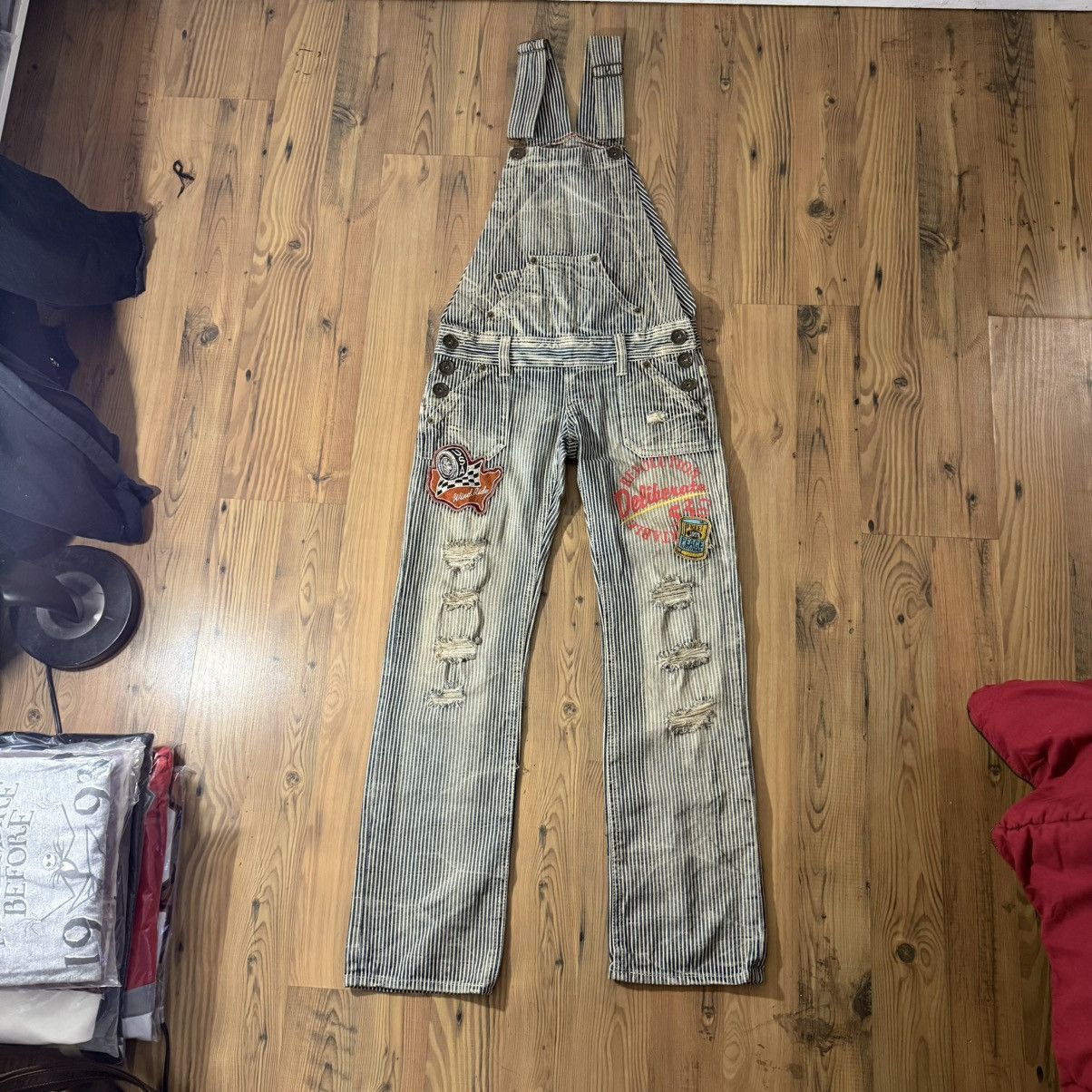 Japanese Brand × Vintage Japanese Vintage Striped Distressed Denim Jumpsuit (M) Size US 30 / EU 46 - 1 Thumbnail