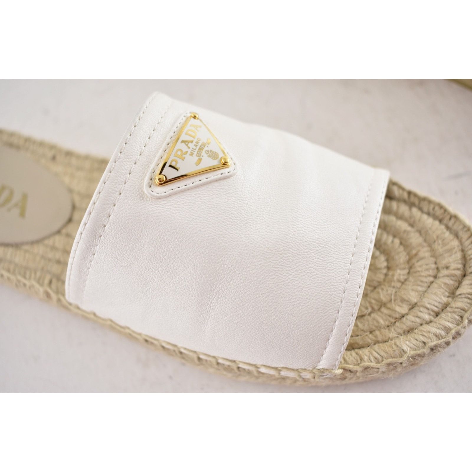 Prada Prada Gold Triangle Logo Avorio White Leather Espadrille 37 Size US 7 / IT 37 - 7 Thumbnail