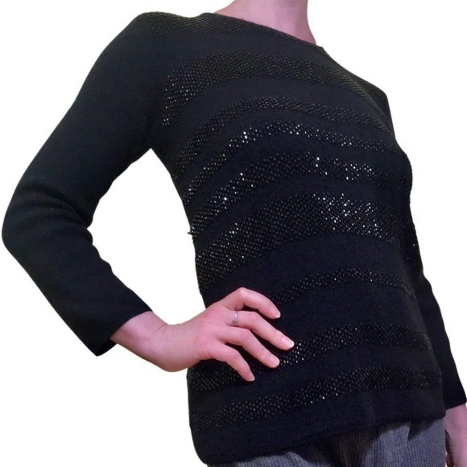 Jaeger Jaeger London Vintage Black Wool Beaded Stripe Sweater Size S / US 4 / IT 40 - 7 Thumbnail