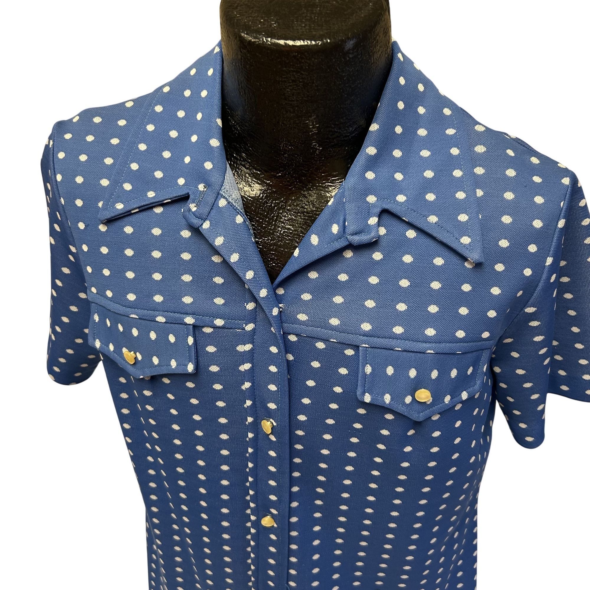 Vintage 60 70's MOD Blue POLKA DOT Collared House Dress 18.5 42 Size XXL / US 16-18 / IT 52-54 - 3 Thumbnail
