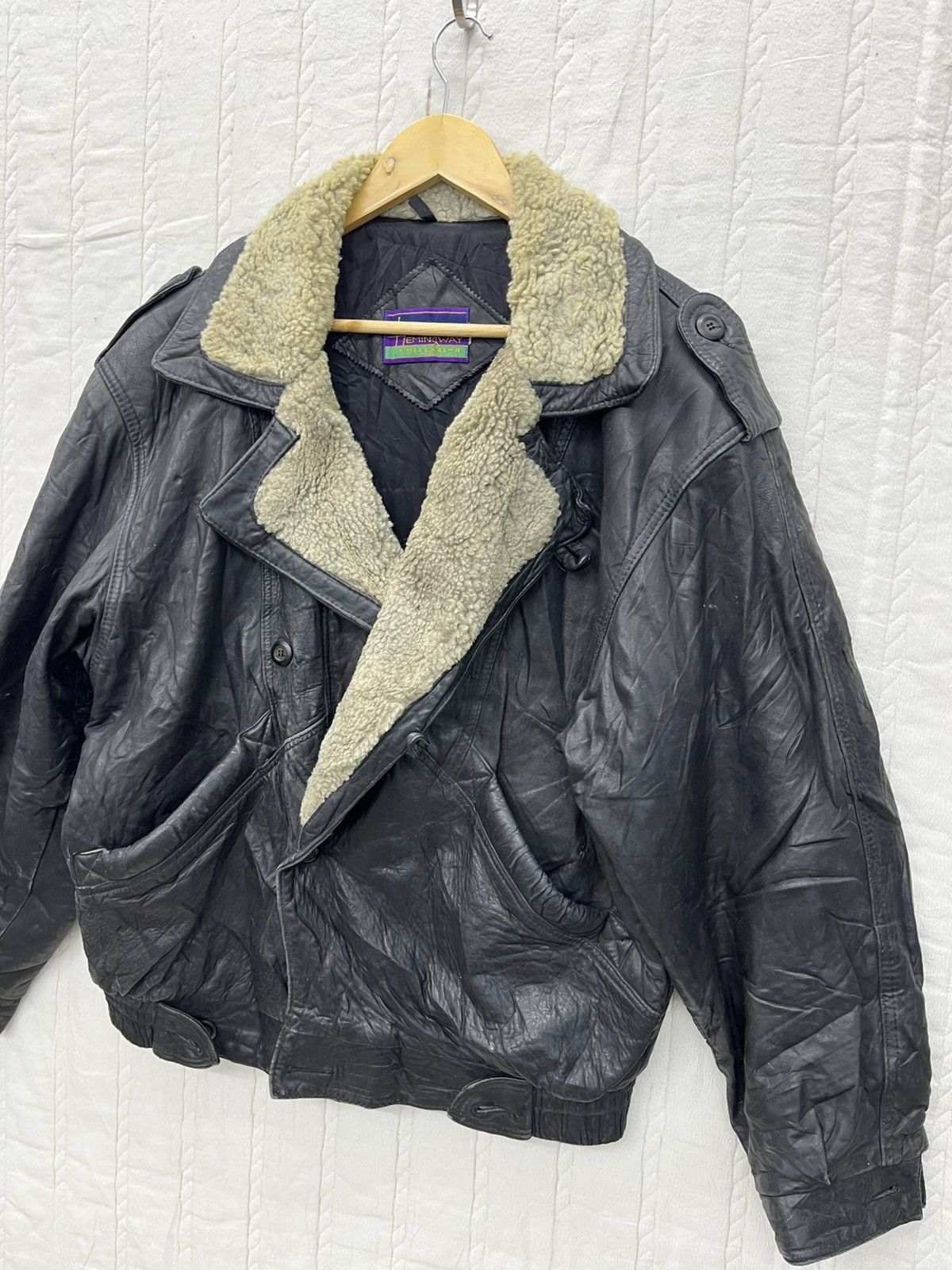 Vintage ARCHIVE🔥VTG HEMMINGWAY LEATHER SHERPA BOMBER JACKET Size US L / EU 52-54 / 3 - 3 Thumbnail