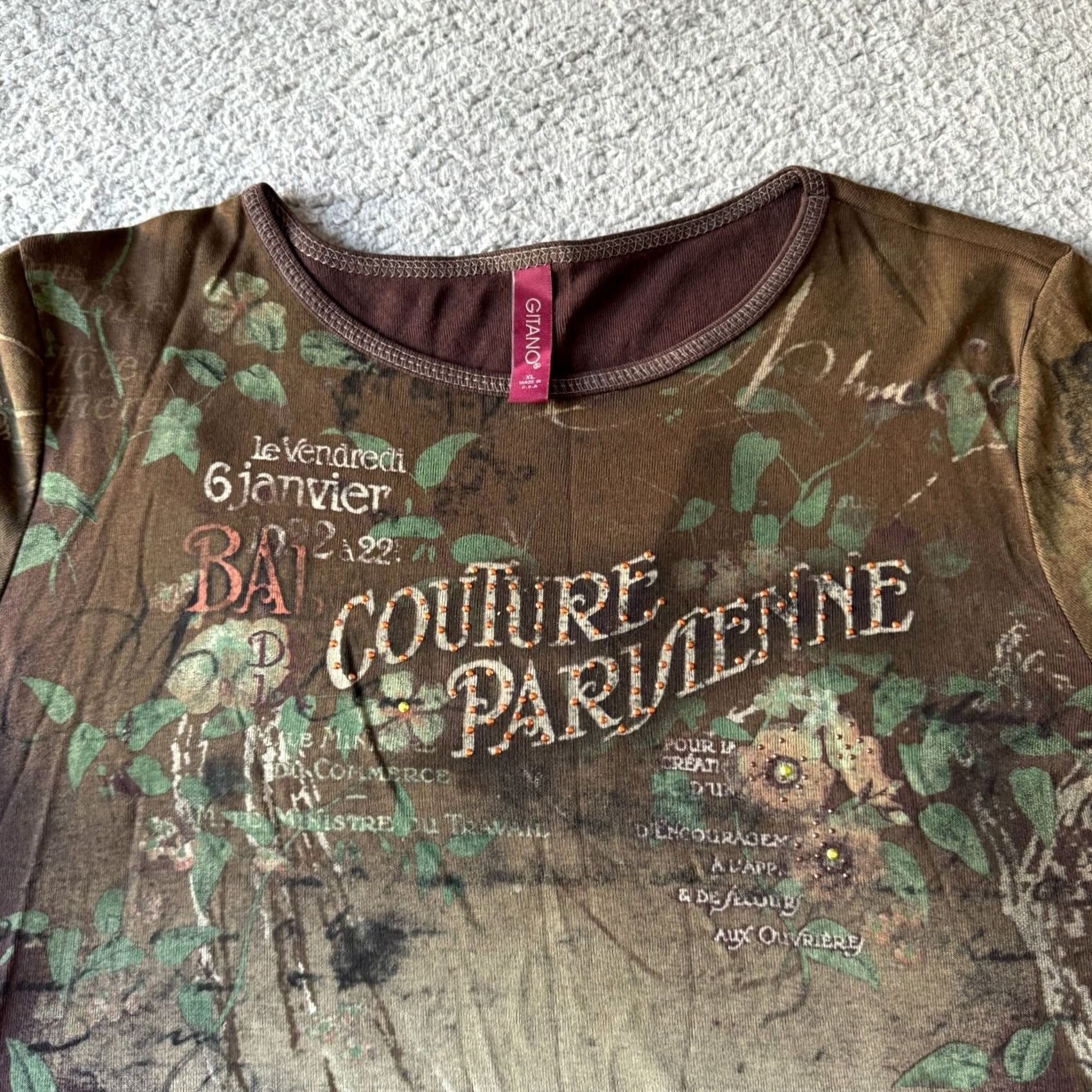 Vintage VINTAGE Gitano Top Womens XL Brown Floral Graphic Tee T Shirt USA 90s Size XL / US 12-14 / IT 48-50 - 2 Thumbnail