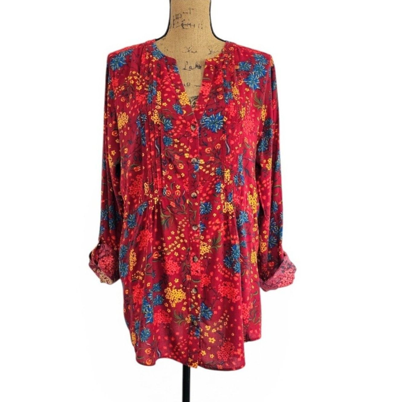 Anthropologie Anthropologie Maeve Floral Pintuck Red Boho Peasant Top Rol Size XL / US 12-14 / IT 48-50 - 1 Thumbnail
