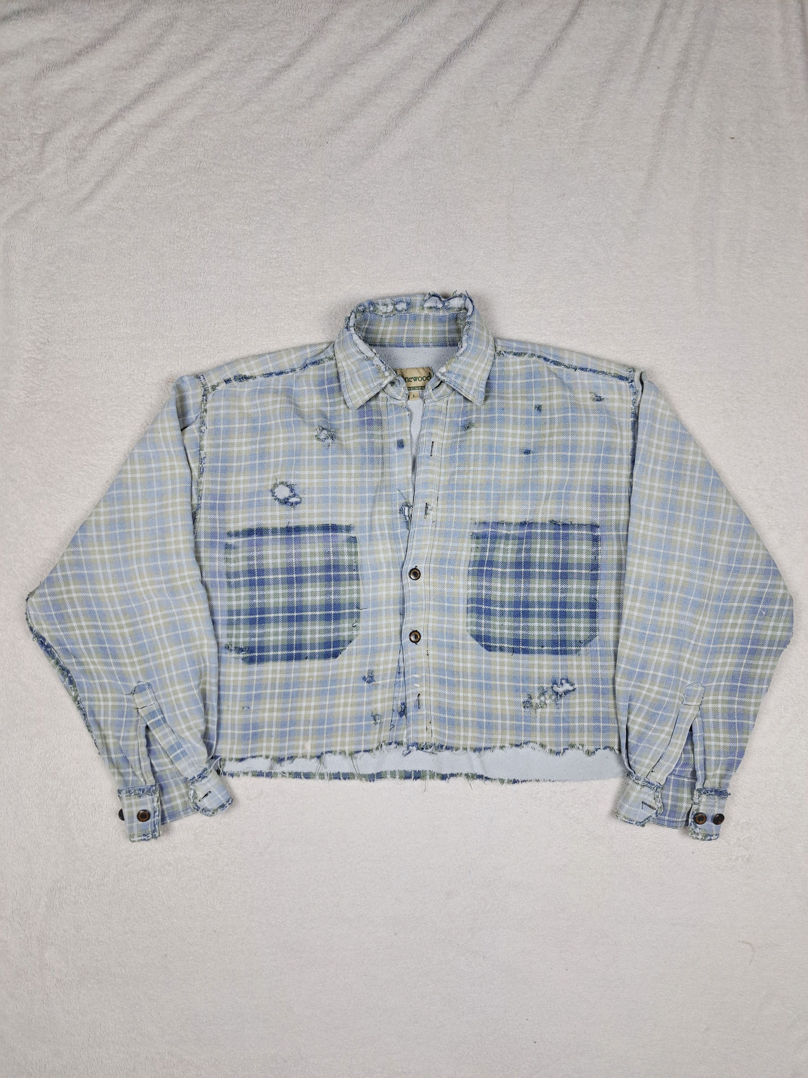 image of Avant Garde x Flannel Distressed Cropped Flannel Shirt Double Layer Fake Pockets in Baby Blue (Size