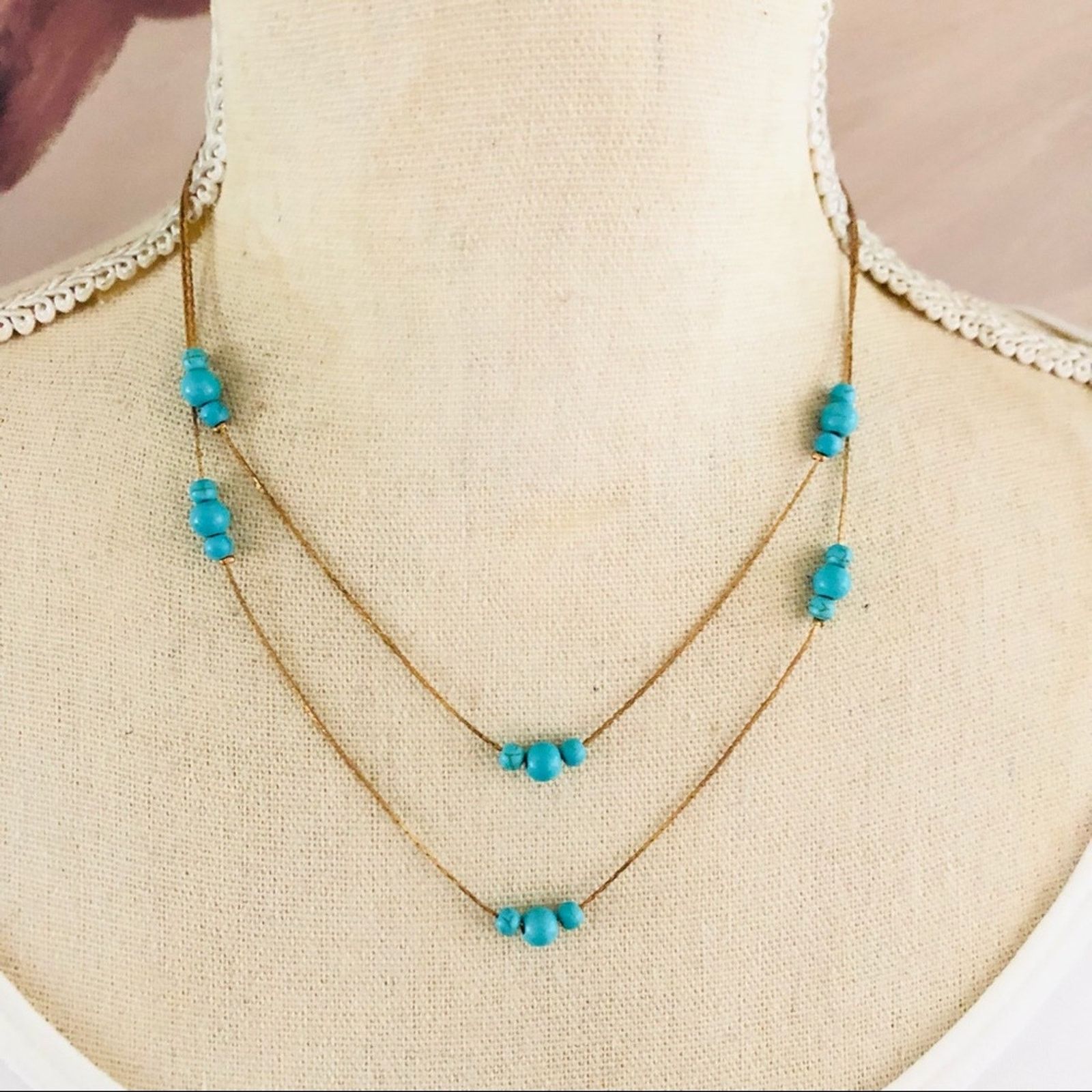 Jewelry Double strand layered faux turquoise beaded chain necklace Size ONE SIZE - 1 Thumbnail
