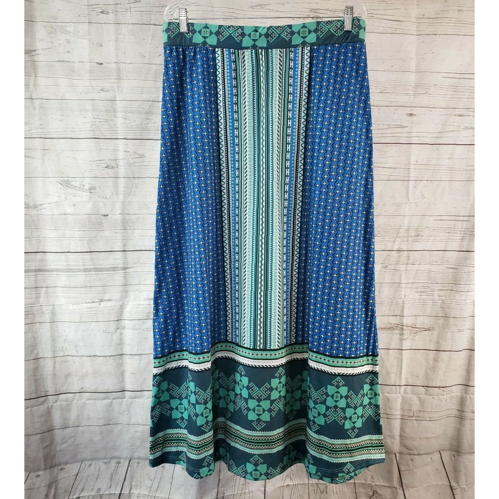 Vintage One World Womens Printed Maxi Skirt M Blue Green Stripe Pull On Size 32" / US 10 / IT 46 - 2 Thumbnail